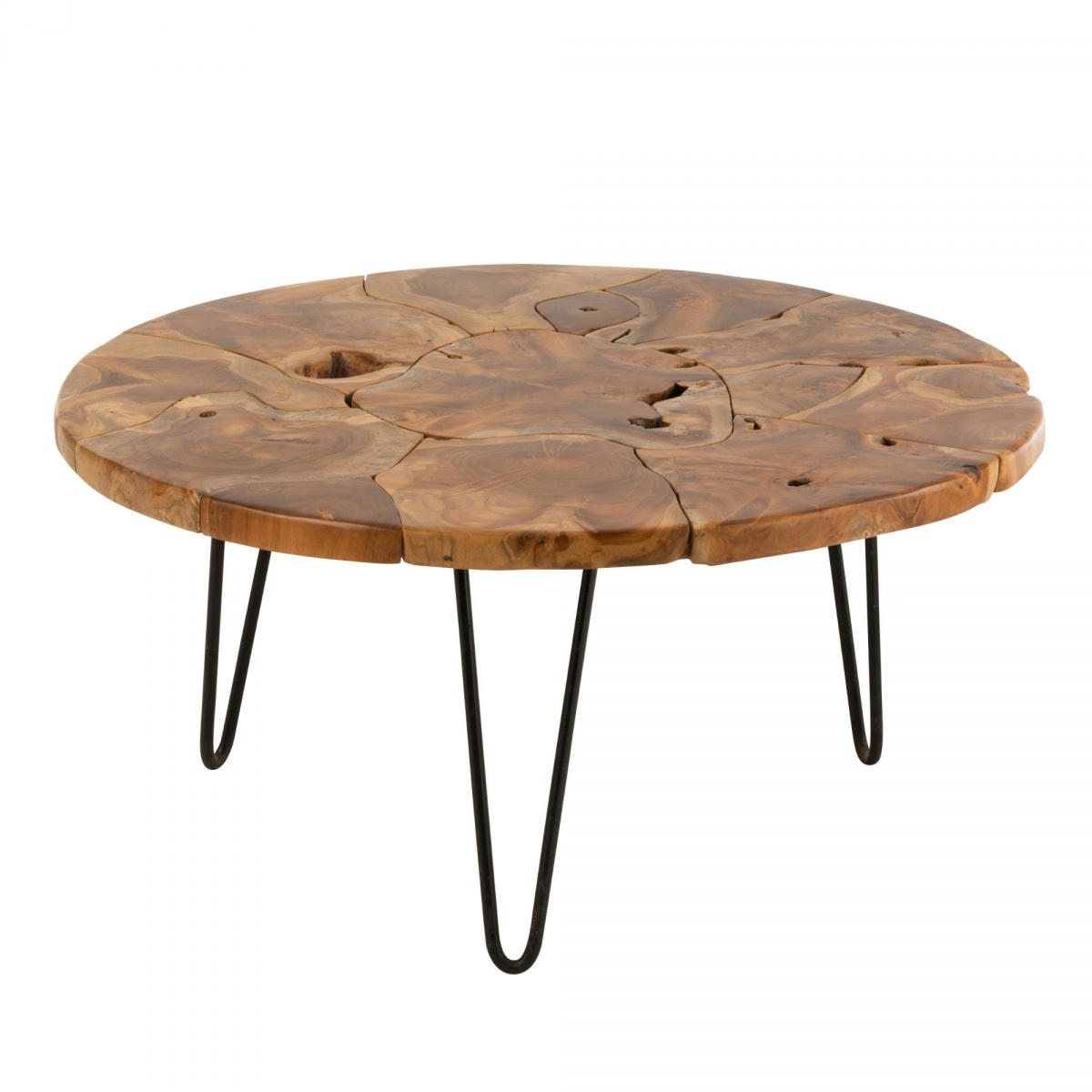 SAMUEL - Table basse ronde en teck pieds métal