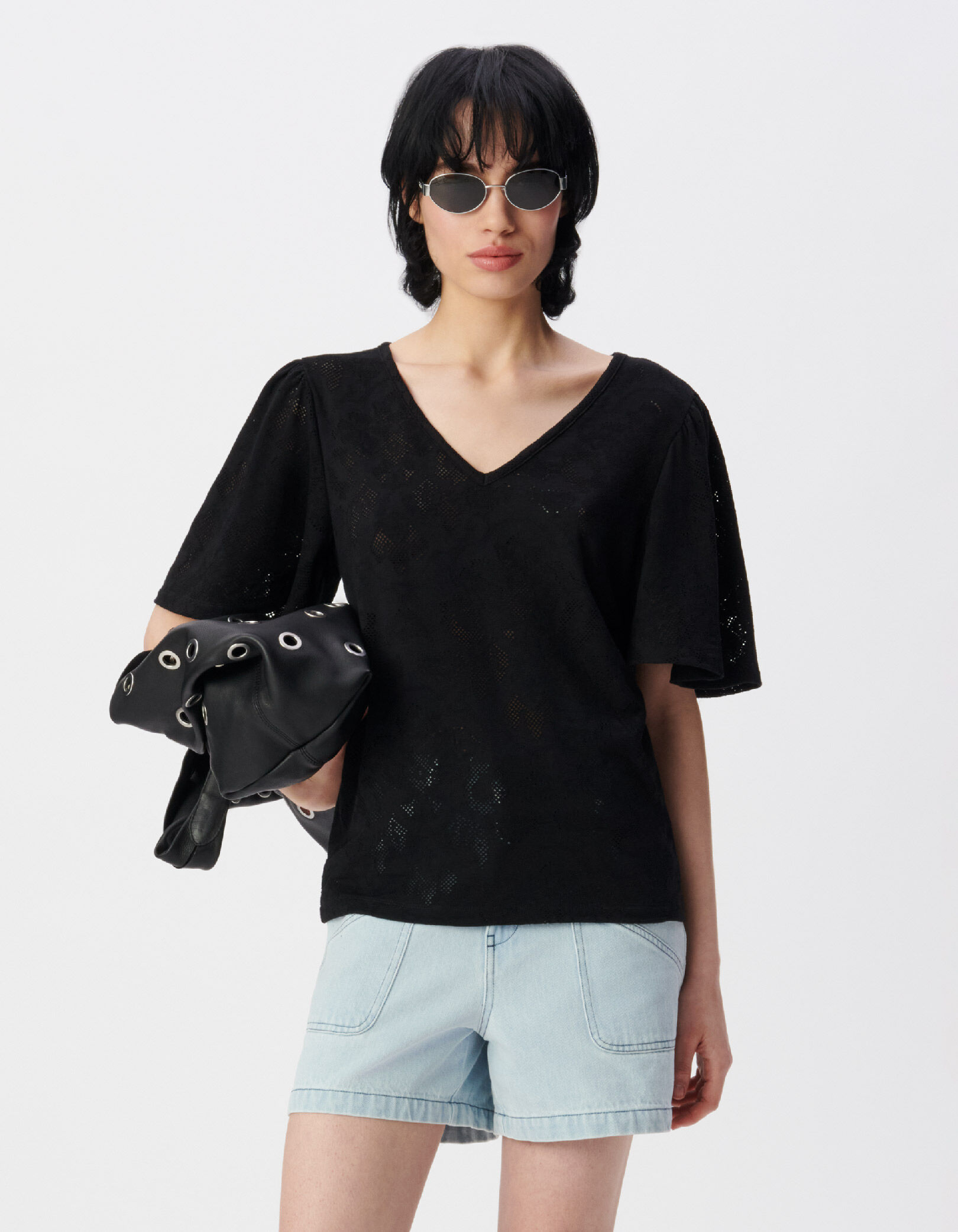 Tee-shirt manches courtes noir ajouré Femme