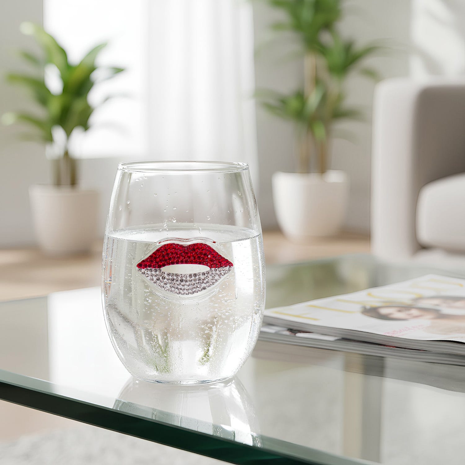 Bicchiera vetro labbra rosse bianche 400 ml