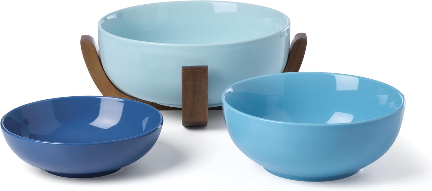 Oneida Serveware, 24 Seven Colors 3-Piece Nesting Bowl Set With Wood Stand, Porcelain Material Wooden Stand, Dishwasher And Microwave Safe, Serving Bowls, Salad Bowl, Pasta Bowls (Turquoise, 4 Pieces)