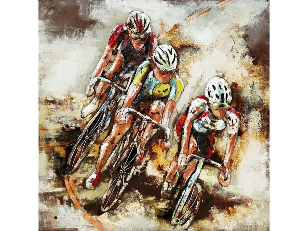 MÉTAL BRASS - Tableau relief en métal cyclistes 100x100