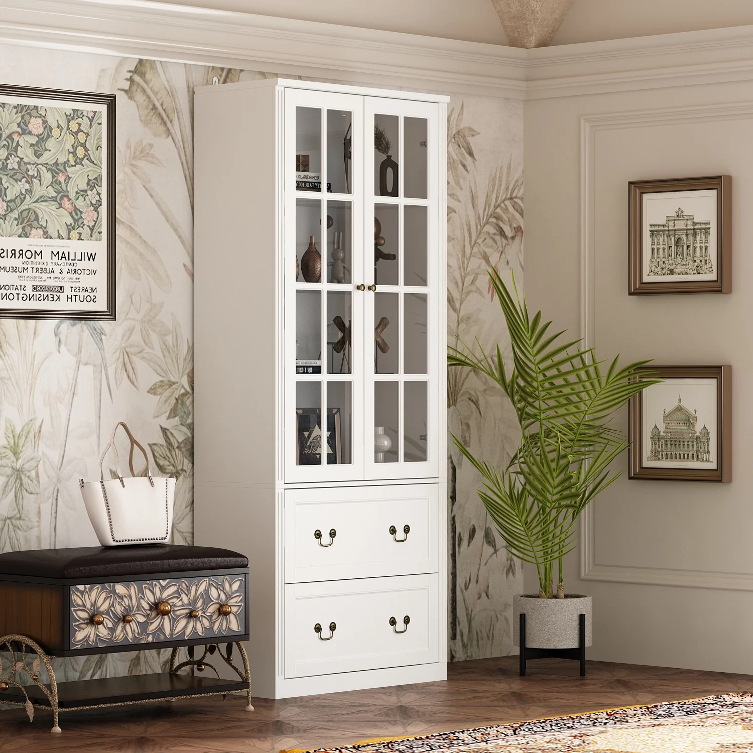 78.7H Combo Glass Doors Display Cabinet Wooden Bookshelf Organizer