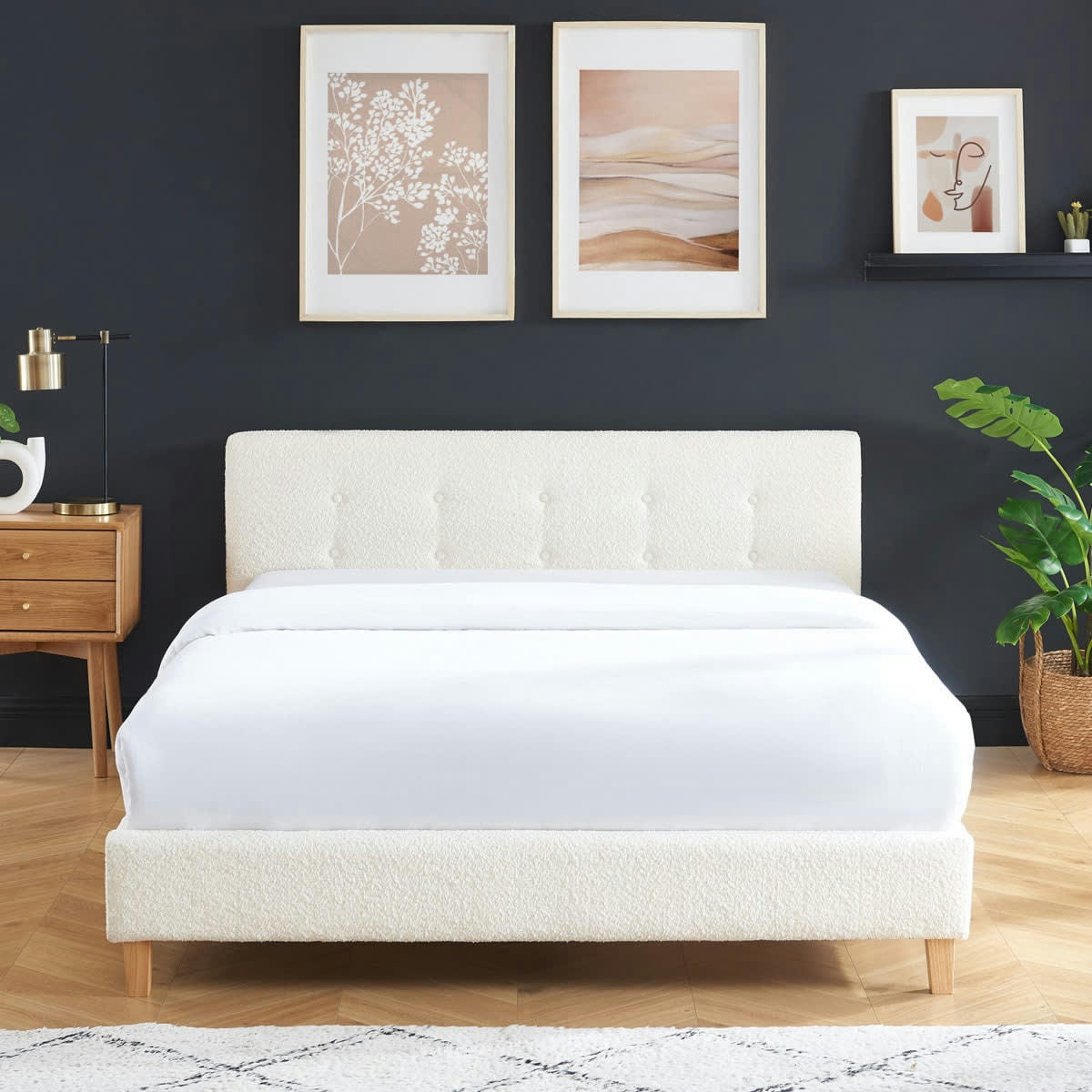 MILO - Lit adulte 160 x 200 avec tête de lit capitonnée en tissu bouclé écru