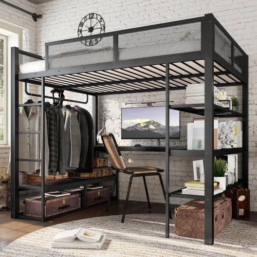 Bellemave Queen Size Loft Bed with Storage Shelves & Hanging Rod, Metal Queen Loft Bed Frame with Desk for Kids Teens, Black