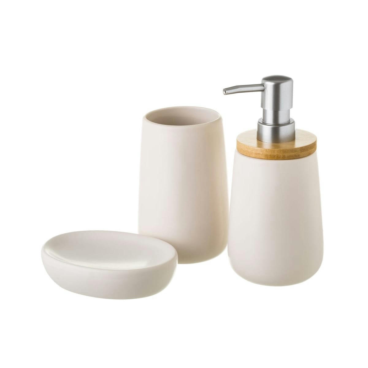 - Set salle de bain céramique blanche et bambou - 3 pièces