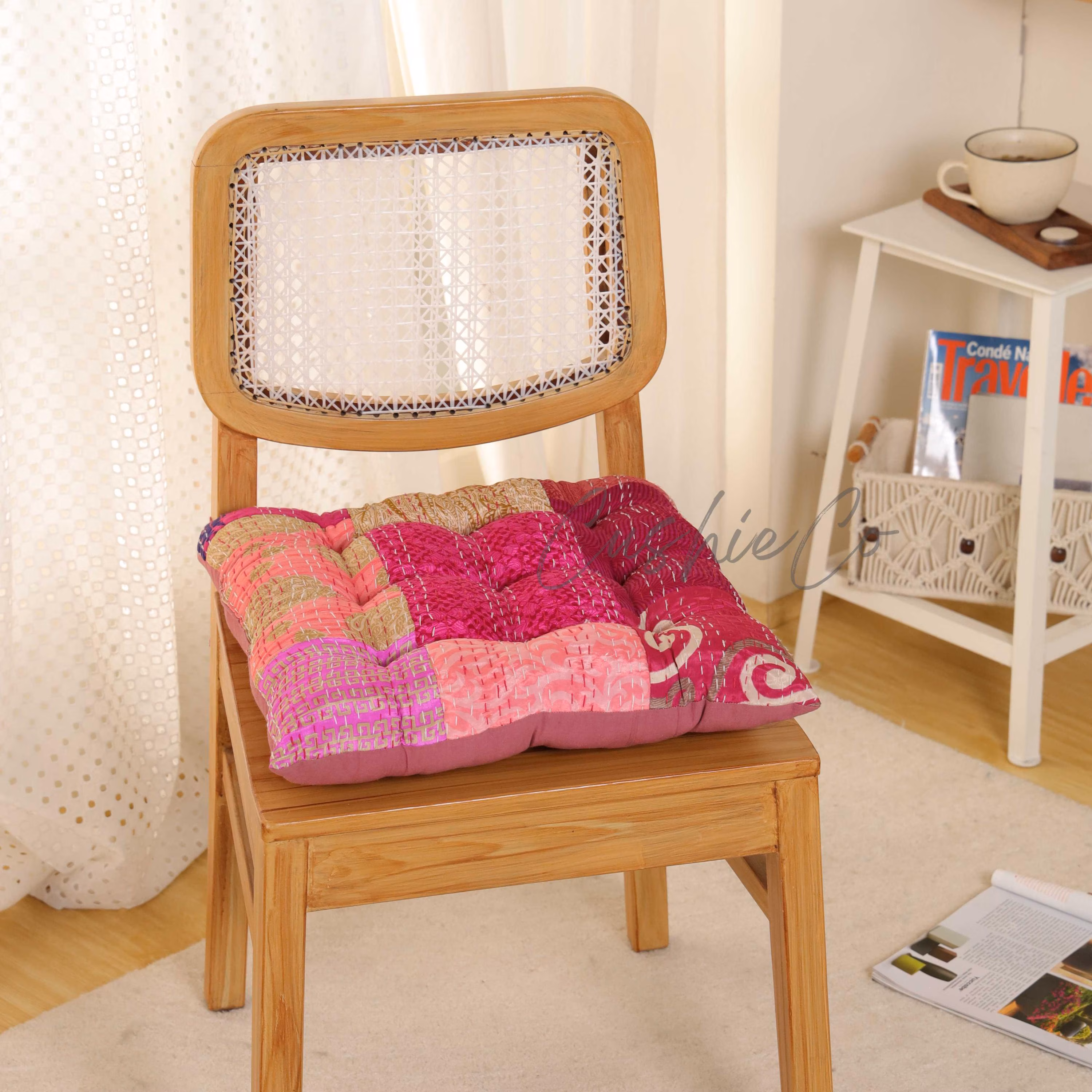 Vintage Kantha Quilted Chair Cushion, Pink Patchwork Seat Cushion, Bohemian Cotton Seat Pad, Handmade Dining Chair Cushion, Cozy Home Decor