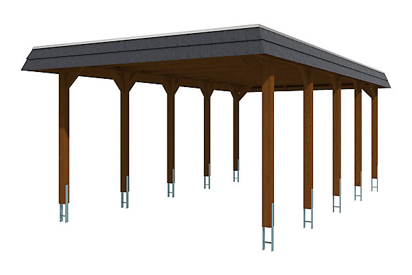 Carport SKAN HOLZ Spreewald 396x741cm, planches de toit et EPDM, bandeau noir, bois résineux imprégné, traitement coloré noyer