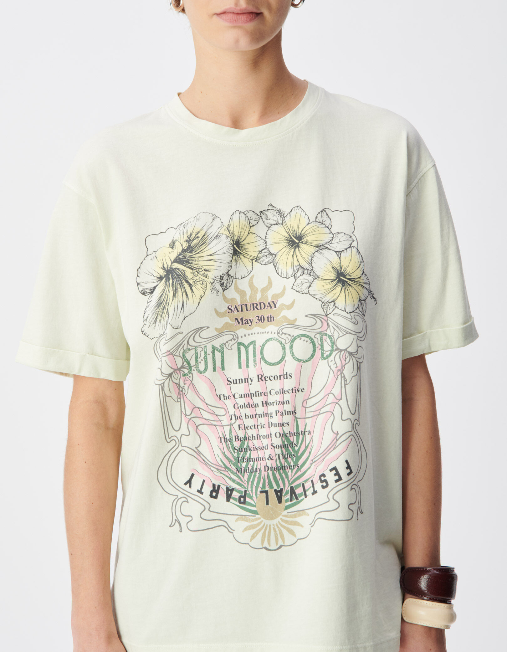 Tee-shirt vert coton bio visuel affiche fleurs Femme