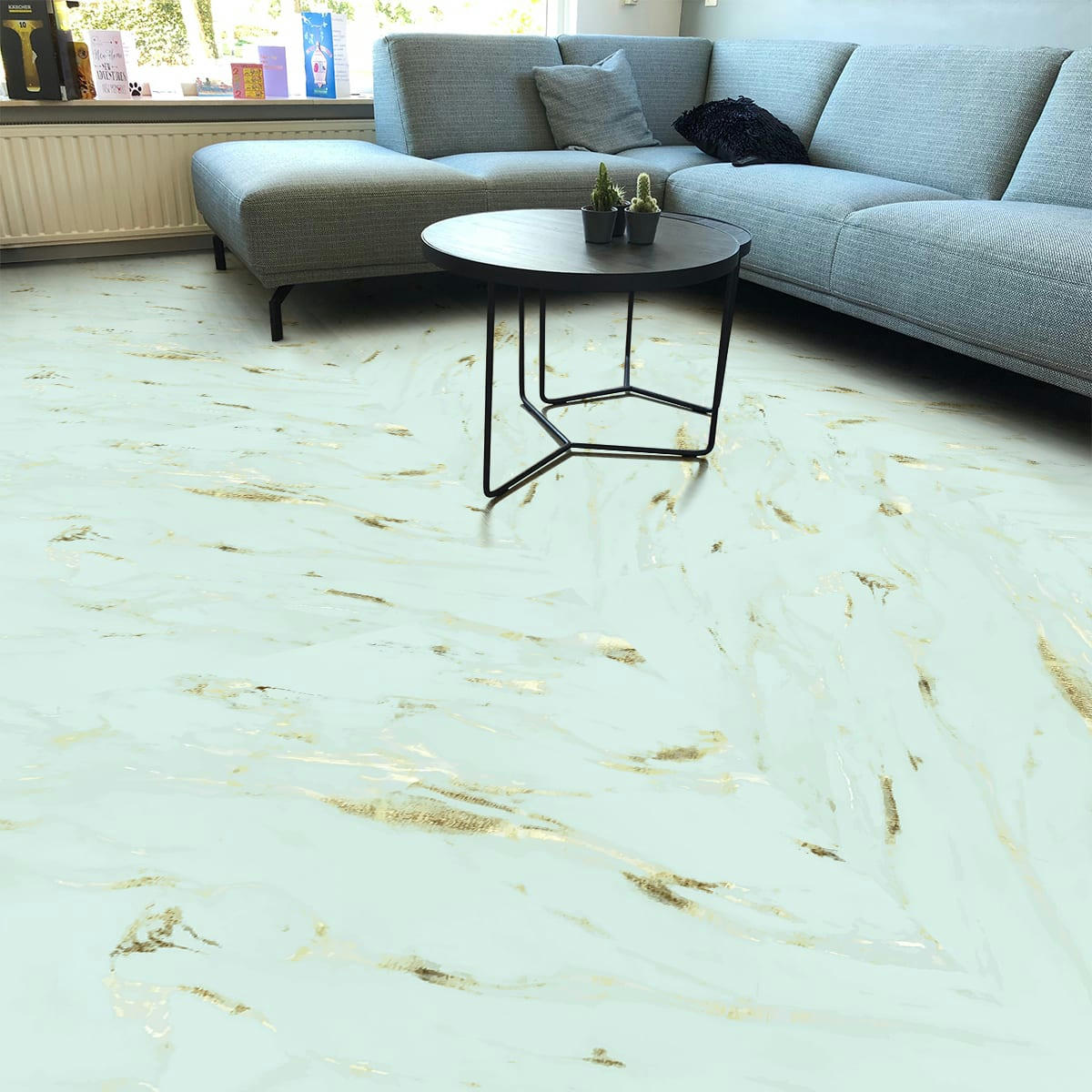 - Adhésifs stickers sol marbre bleu antique et lignes dorées 40x40cm