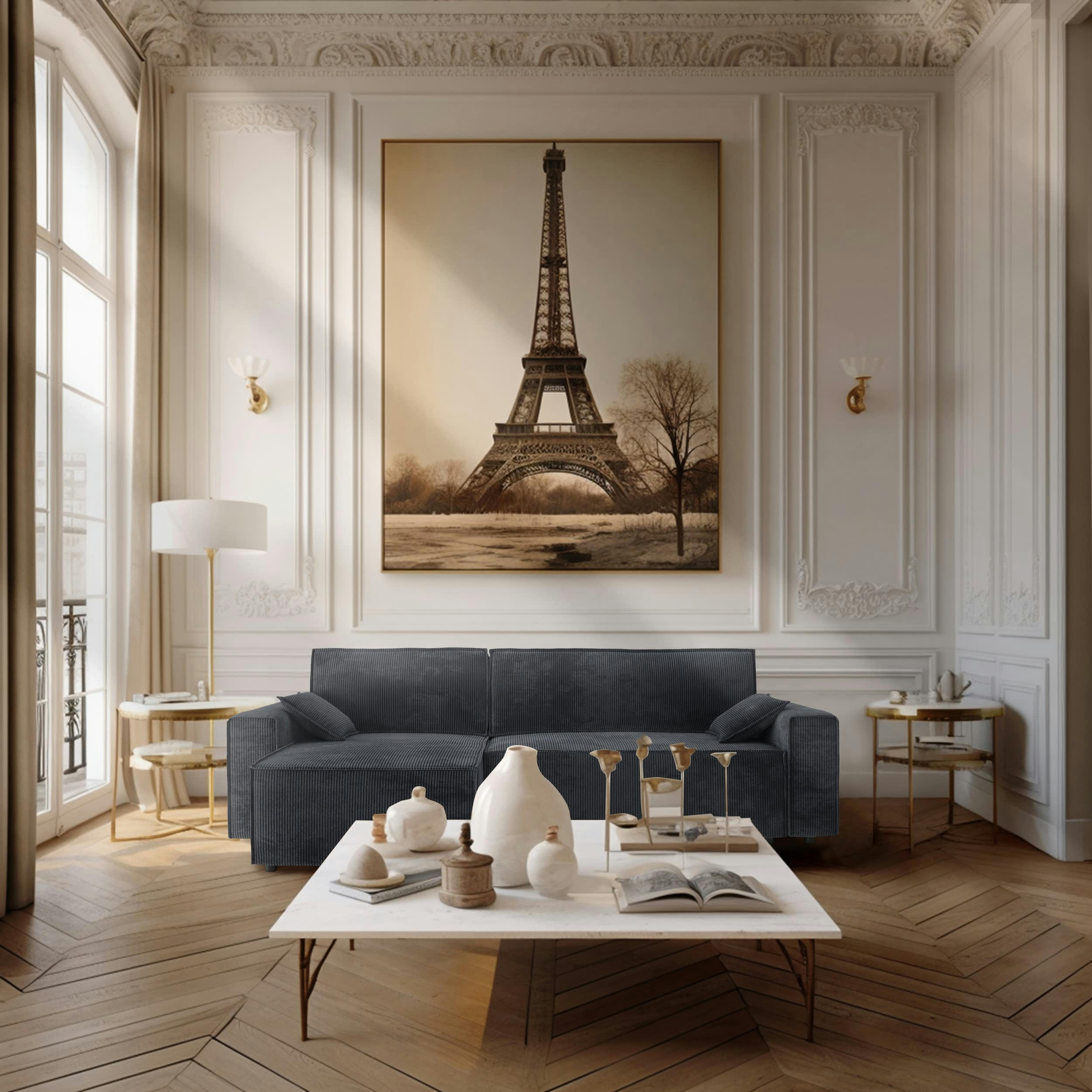 DURIF - Canapé d'angle convertible 4 places en velours côtelé gris anthracite