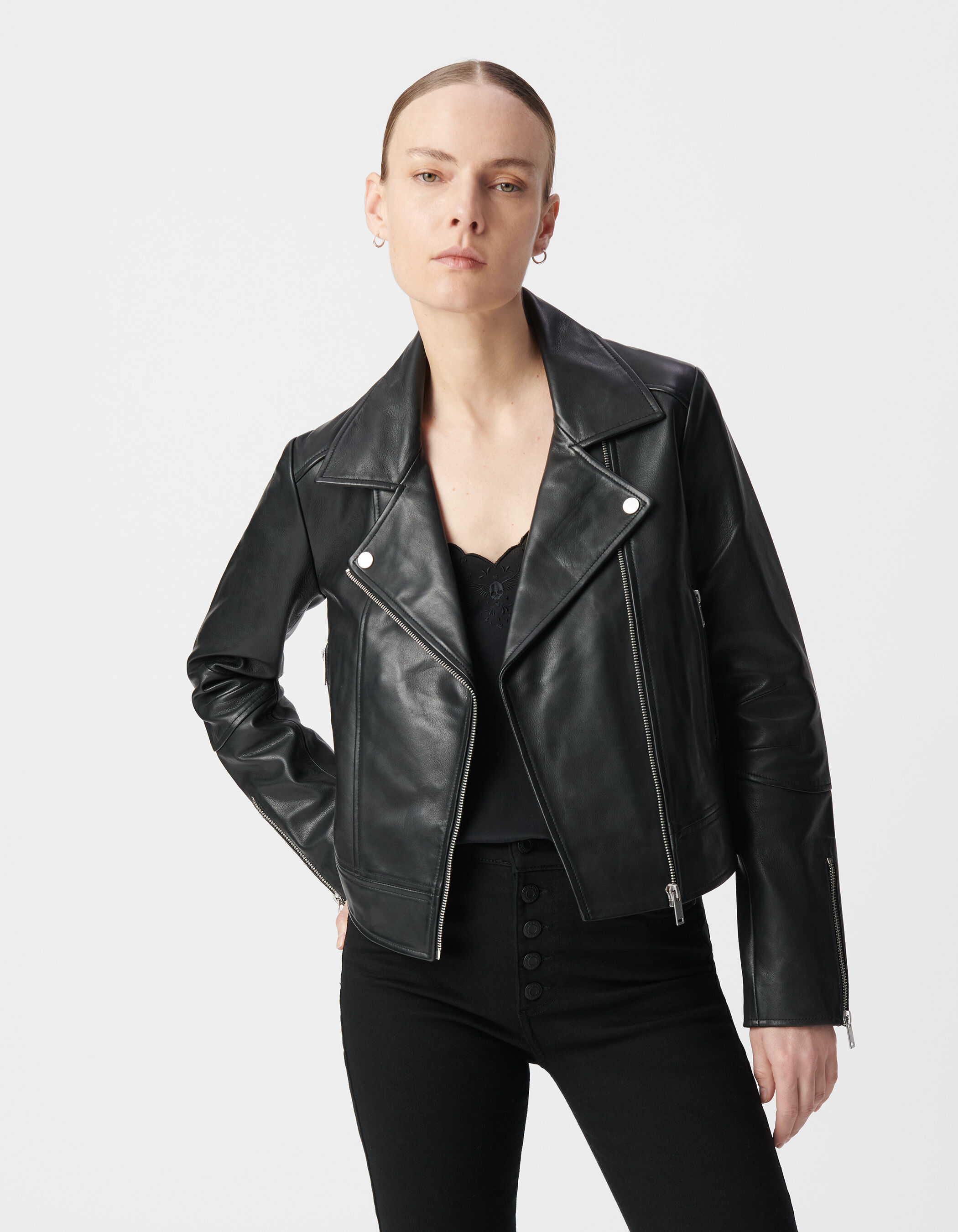 Blouson noir cuir esprit motard Femme