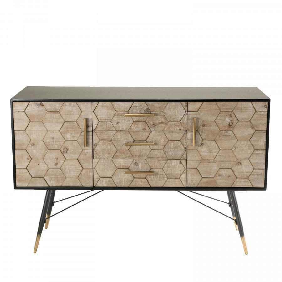 DALIE - Buffet 2 portes 3 tiroirs bois sapin marqueté pieds métal