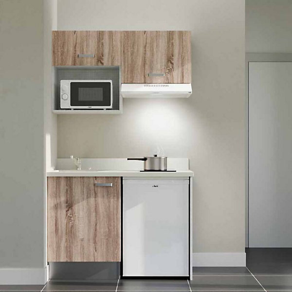 Kitchenette K02 - 120 cm - façades Bois - Plan monobloc en quartz coloris Snova évier à gauche - Electroménager Blanc