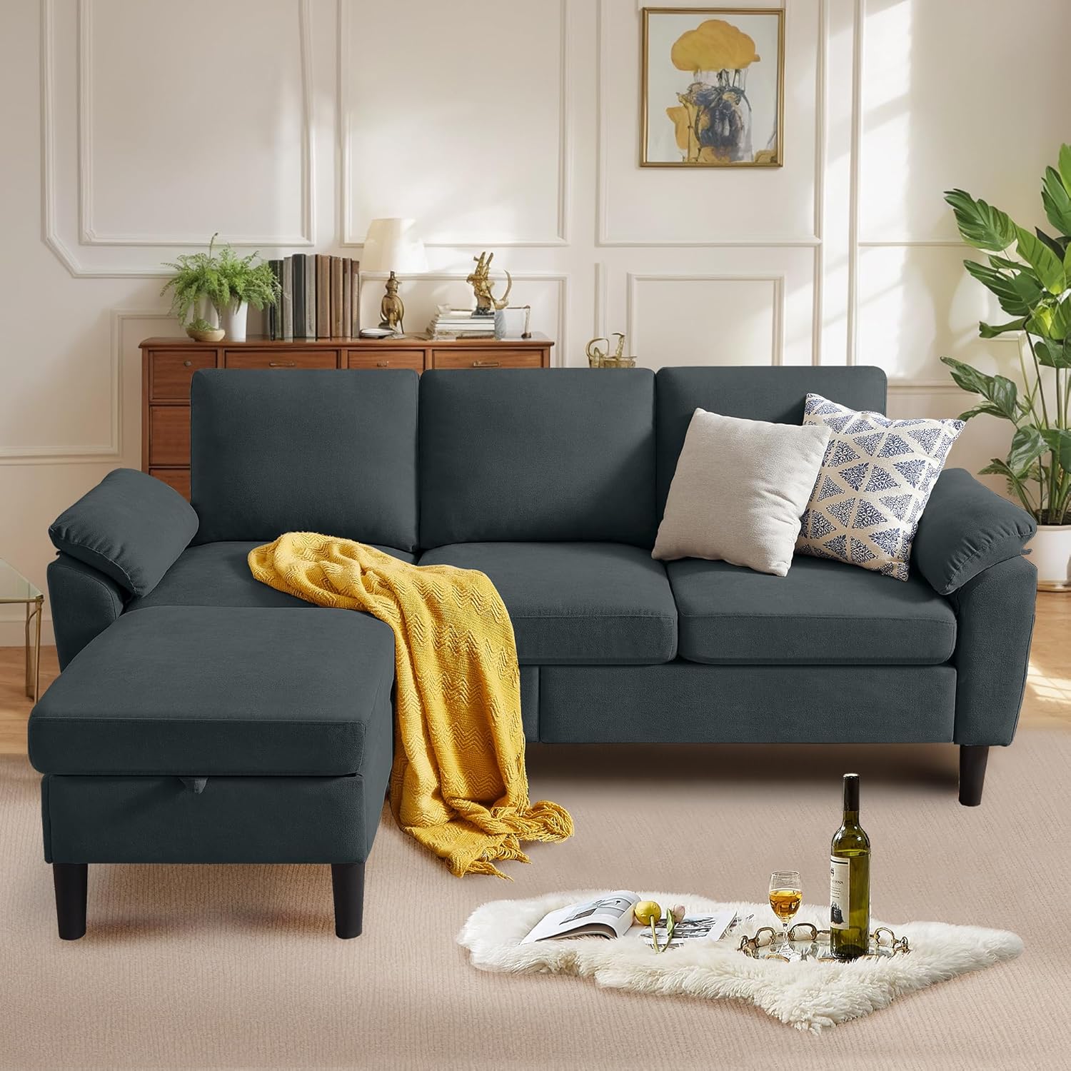 Convertible Sectional Sofa, Modern L Shaped 3-seat Sofa, 79 Linen Fabric Small Sectional Couch with Movable Ottoman, Couch for Small Spaces Living Room (Dark Grey)