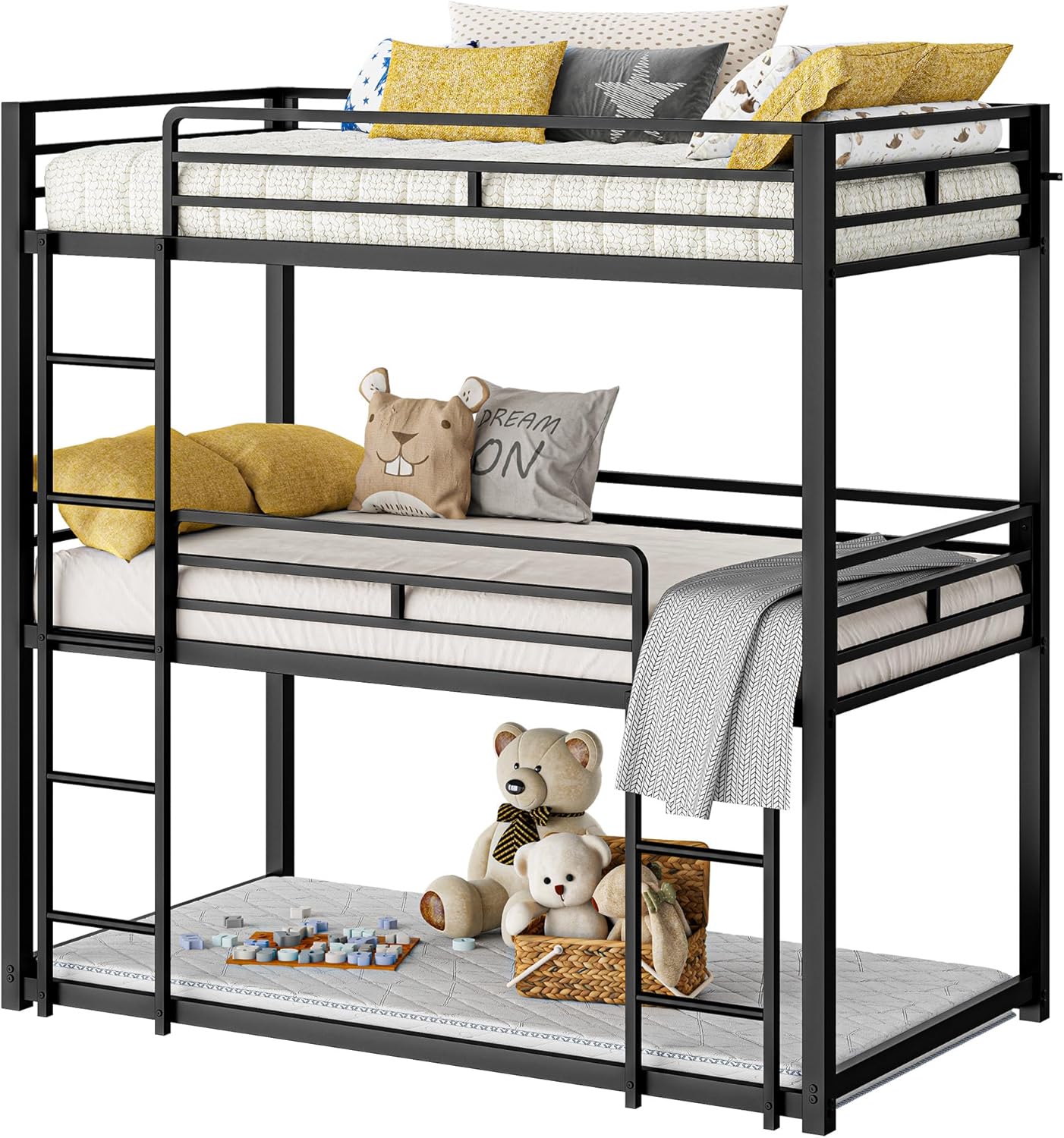 LIKIMIO Triple Bunk Bed, Bunk Bed Twin Over Twin Over Twin, Triple Bunk with 2 Ladders, Metal Bed Frame with Guardrails for Bedroom, No Box Spring Needed, Black