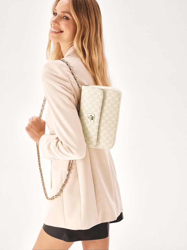 Sleek leather handbag in beige print