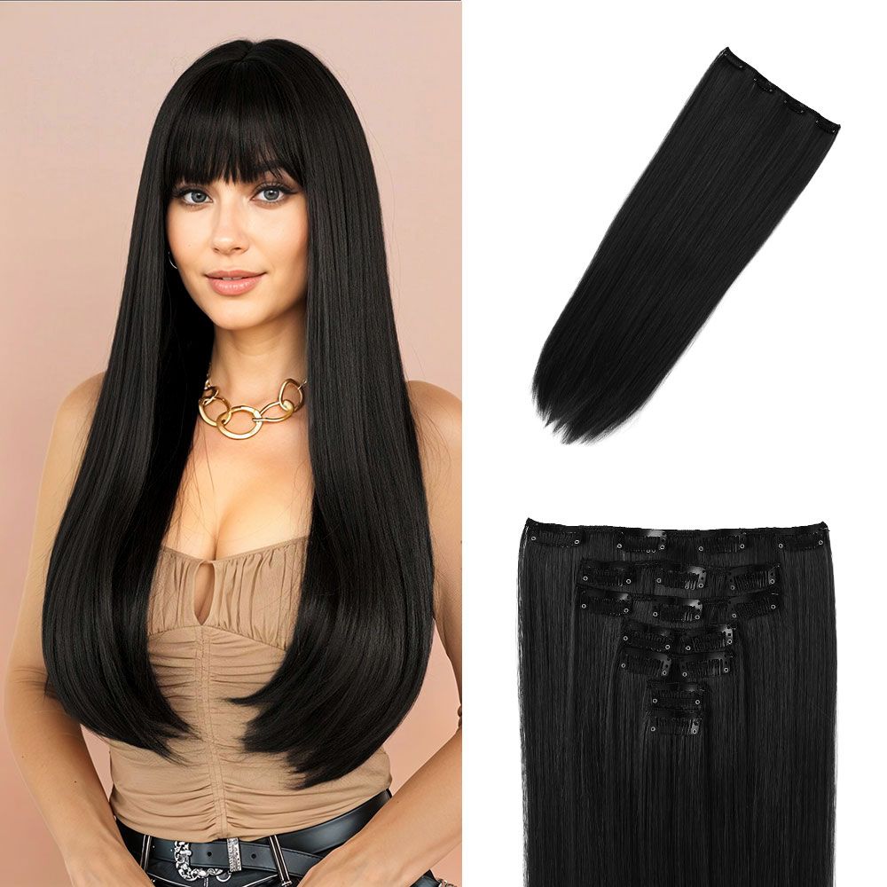 H&O Direct 7Pcs Fashion Black Clip-In Straight Hair Extensions