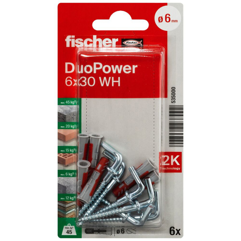 Cheville DuoPower WH en nylon avec collerette et crochet droit Ø 6 x 30 mm 6 pièces