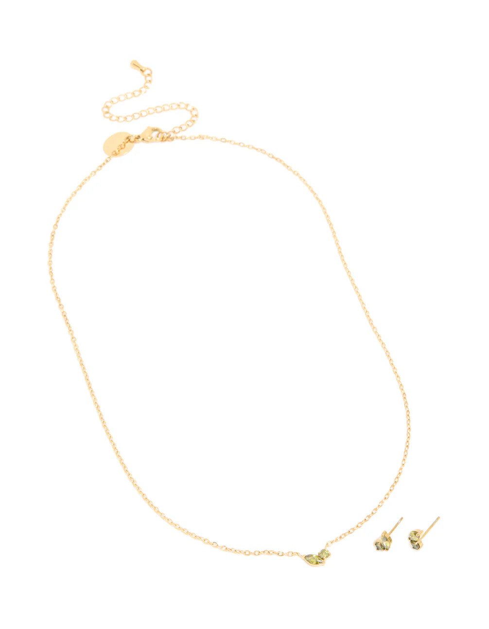 Waterproof Gold Plated Stainless Steel August Light Green Cubic Zirconia Birthstone Necklace & Earrings Set