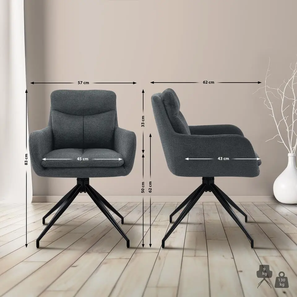 CLP Eetkamerstoel Somers zwart Frame - Stof - donkergrijs