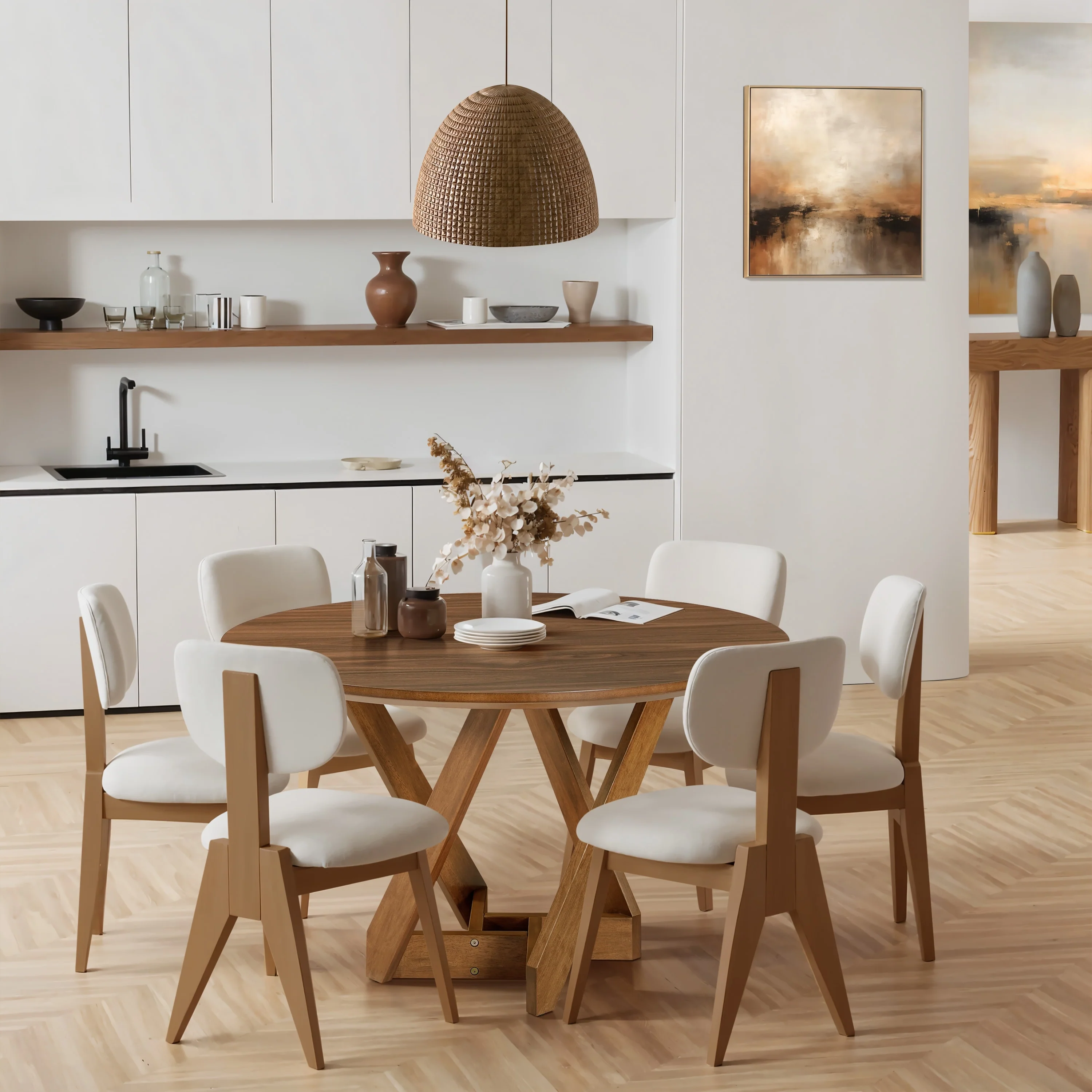 Walnut Veneer MDF Wood Round 4-Person Round Kitchen Table with Rubberwood Base - 47.24 Diameter