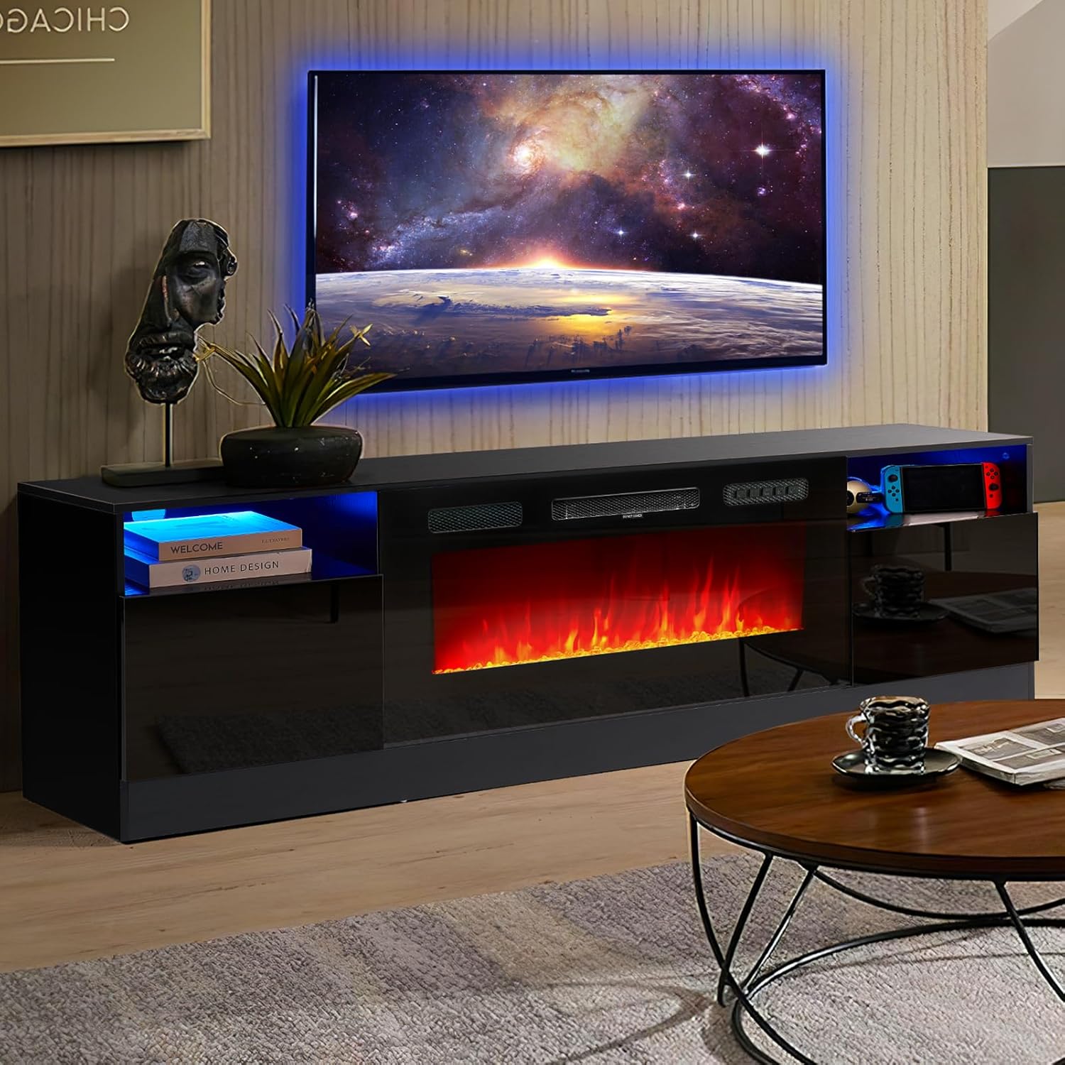 oneinmil Fireplace TV Stand with 36 Electric Fireplace, LED Light Entertainment Center, Modern Wood Texture Entertainment Stand with Highlight Storage Cabinet for TVs Up to 80, 70 inches, Black