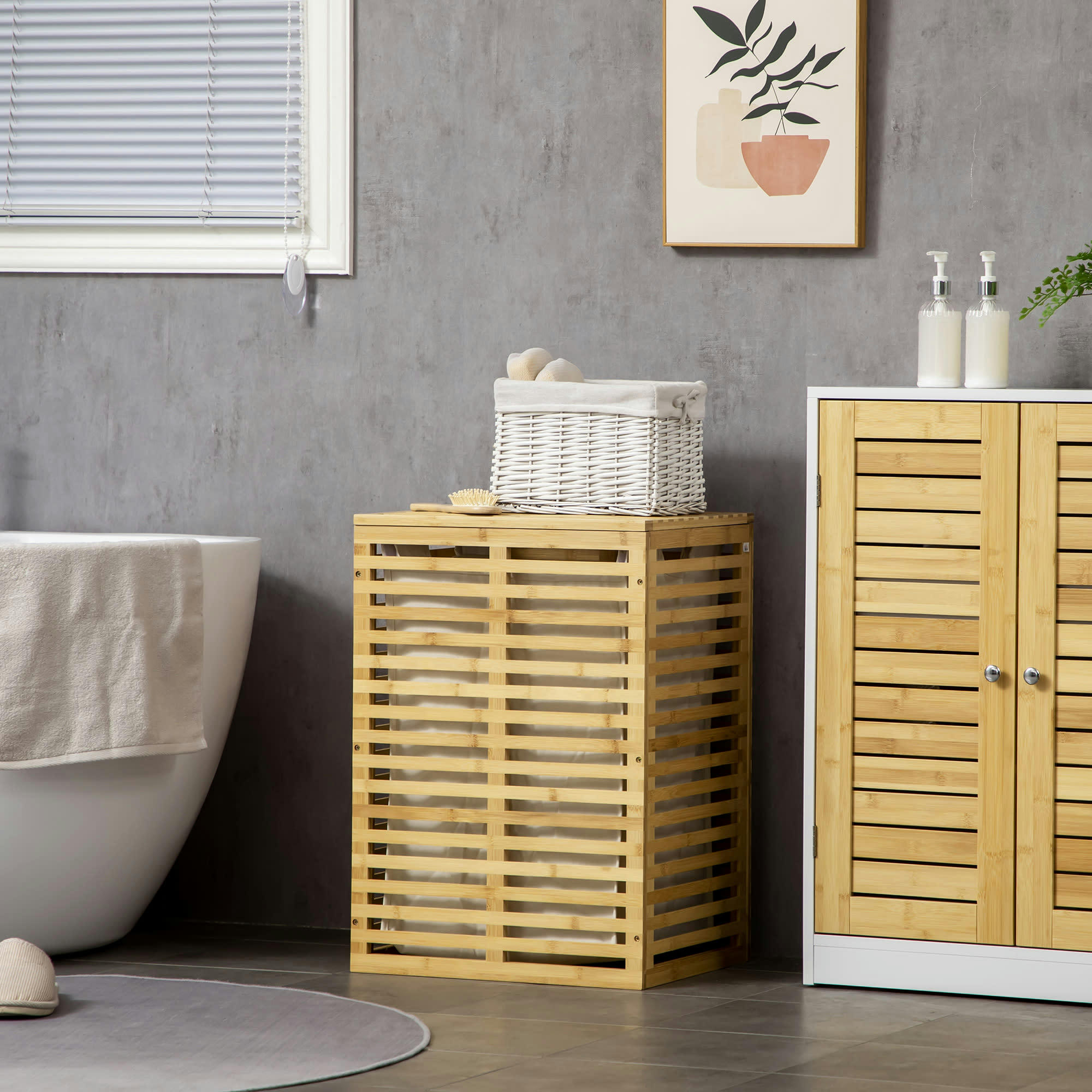 - Panier à linge bambou couvercle sac amovible polyester beige