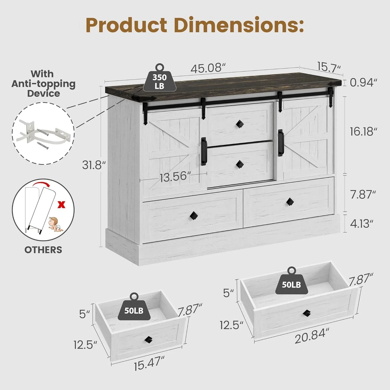 Farmhouse 4 Drawer Dresser for Bedroom 45 Wood Dressers with Sliding Barn Doors TV Stand