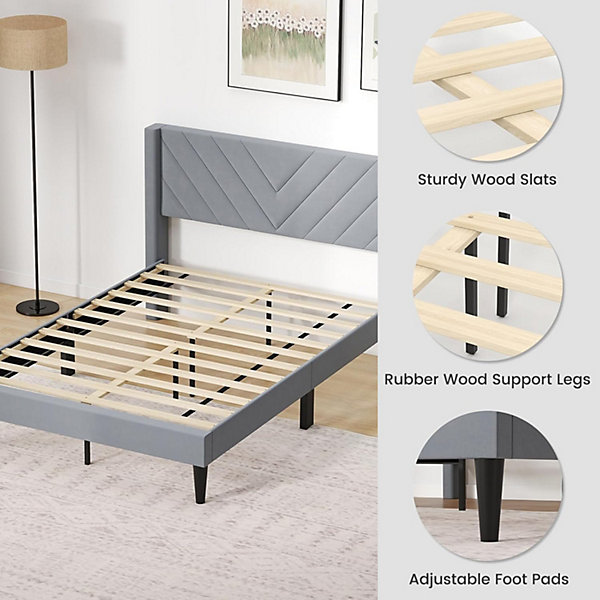 Lit 140 x 200 avec Sommier sans Matelas, Lit Capitonné avec Tete 140CM en Tissu Velours Doux, Lattes Bois, Charge 250KG (Triangle)