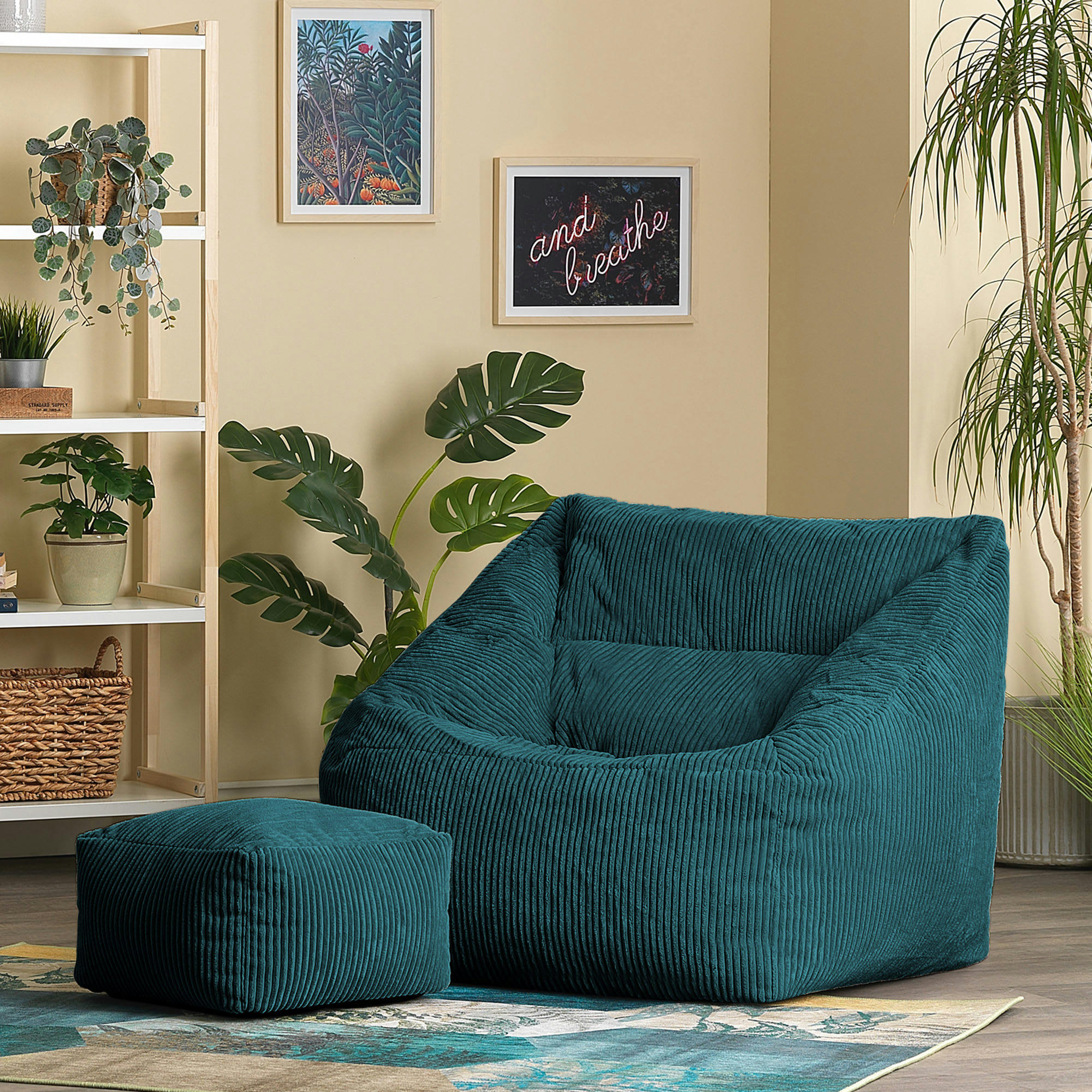 MORGAN - Pouf fauteuil avec repose-pied carré velours côtelé bleu canard