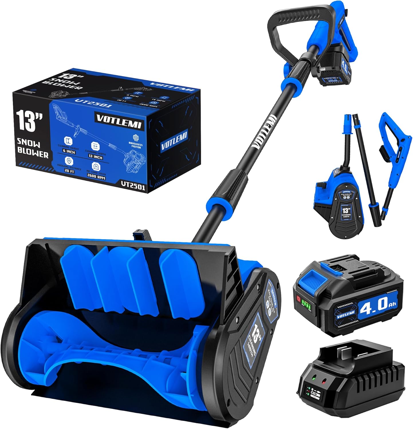 40V Cordless Snow Shovel  13 Inch 4.0Ah Electric Snow Shovel with Directional Plate  Brushless Cordless Snow Blower for Pathway  Patio  Deck  Driveway  Blue