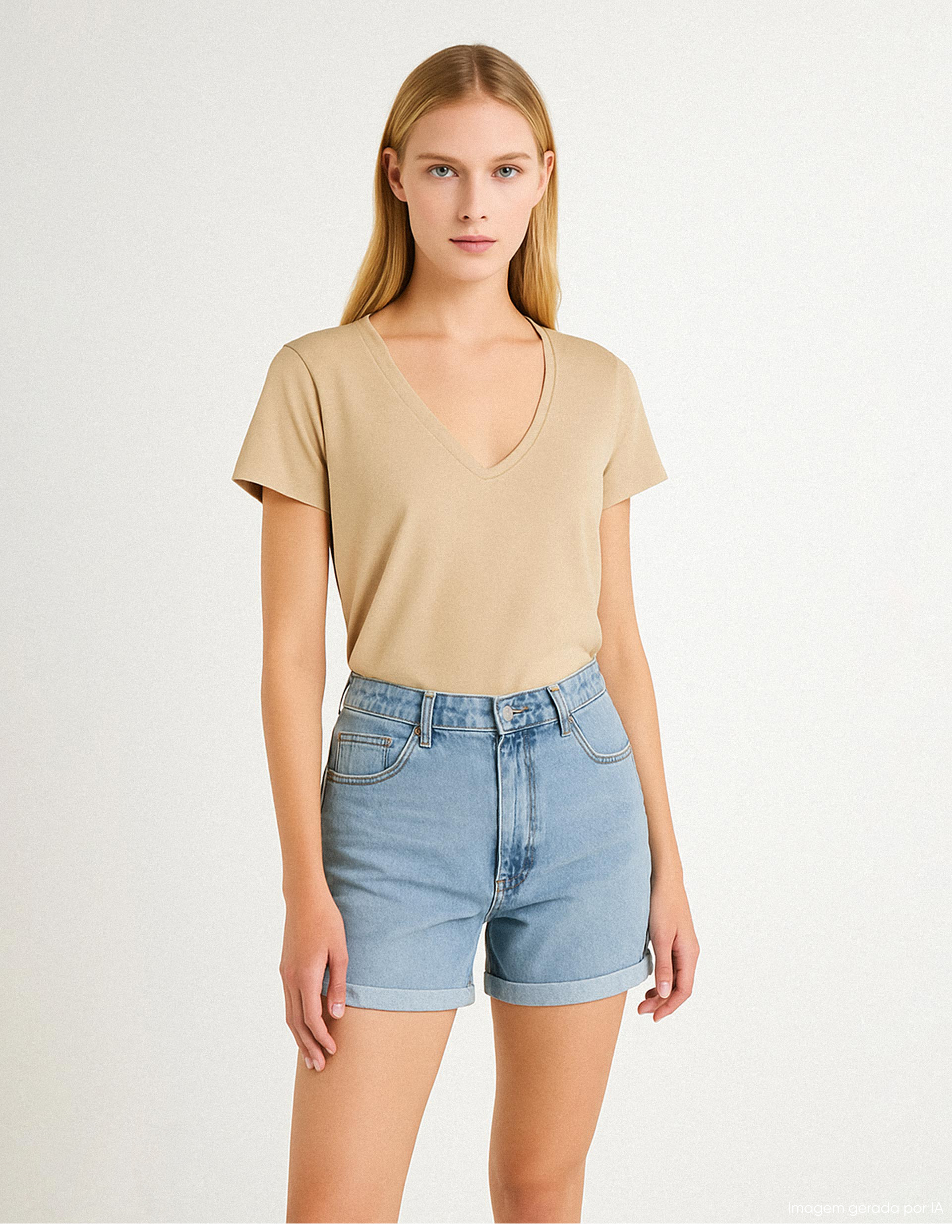 T-shirt Decote em V, Mulher, Bege