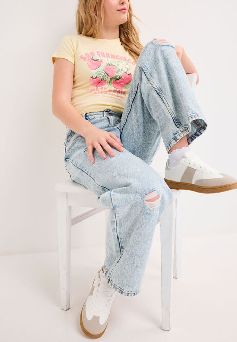 Older Girls Blue Extreme Ripped Wide Leg Jeans