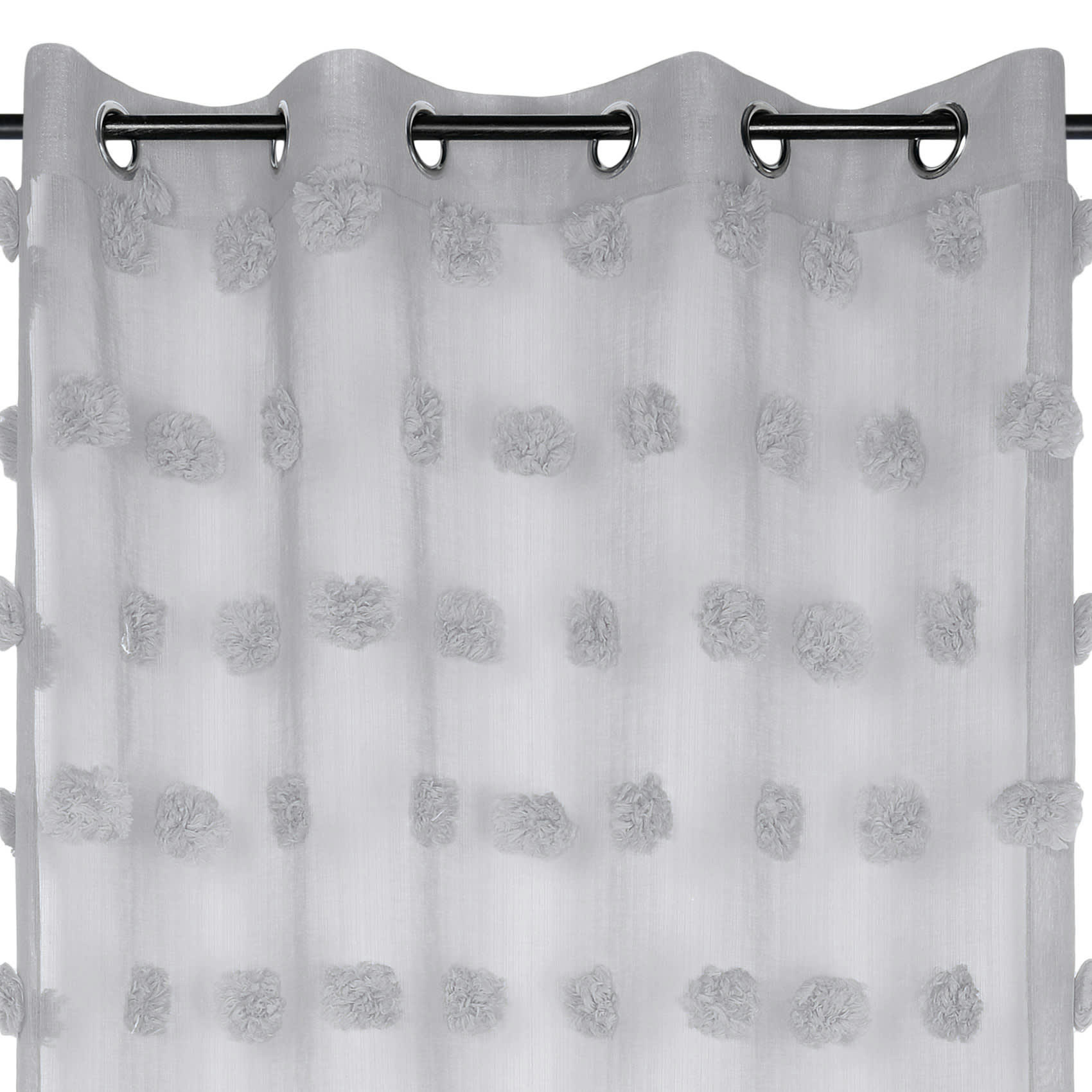 - Voilage fantaisie à pompons polyester gris perle 140x260 cm