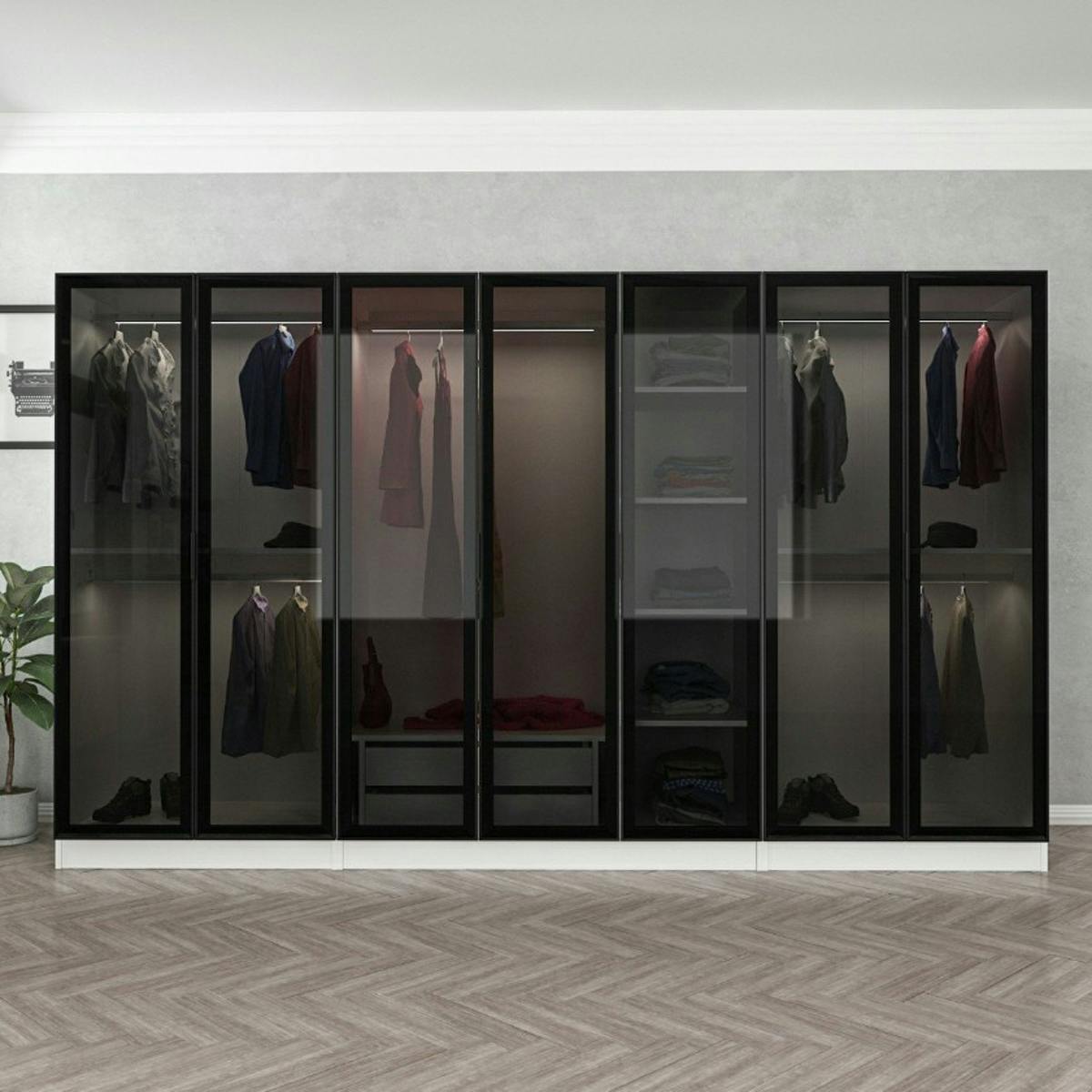 Dressing design XXL 5 penderies, blanc & verre noir BYRON