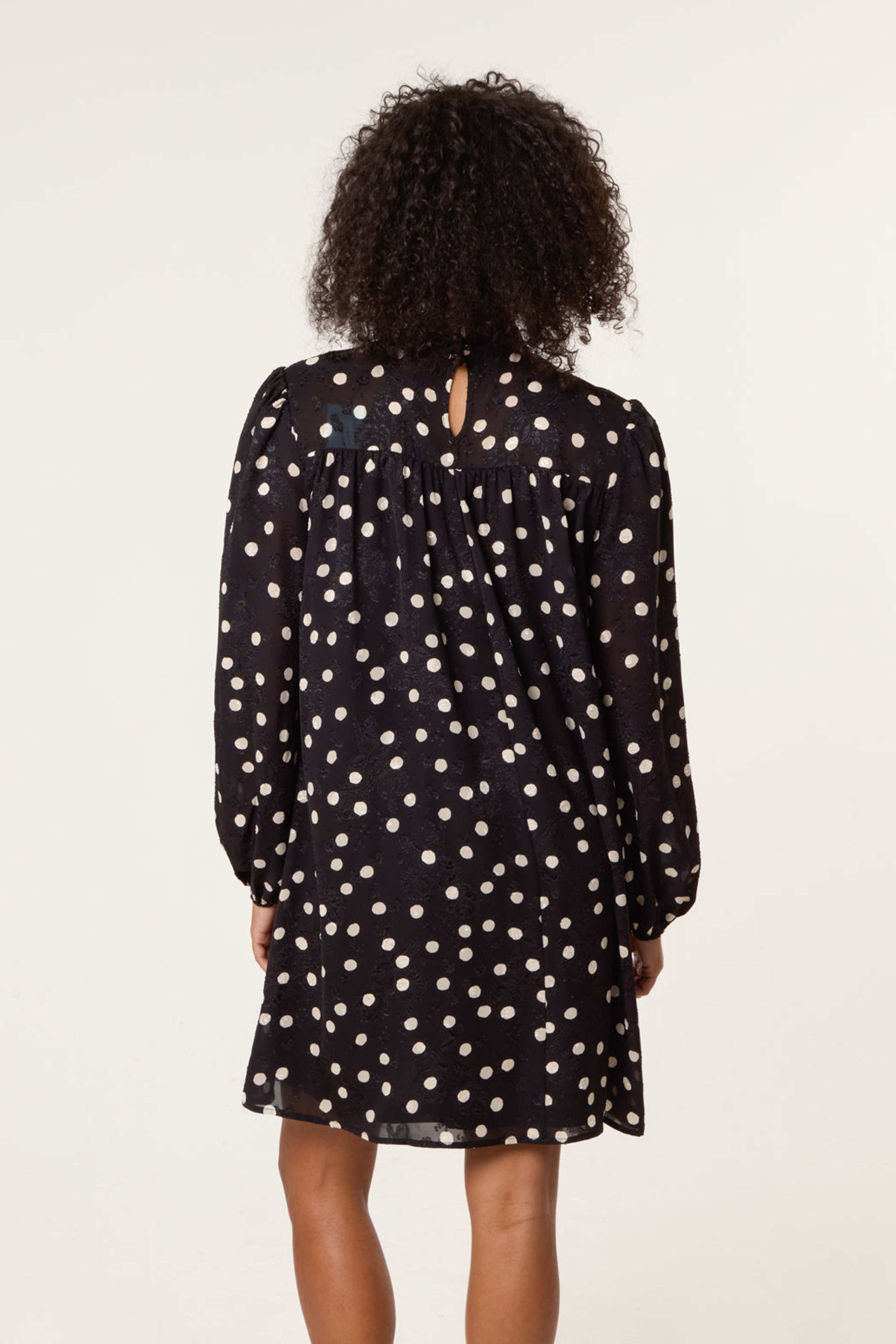 Blue Vanilla Black Polka Dot Tie Neck Smock Dress