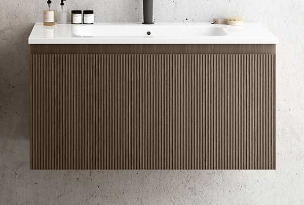 Meuble vasque suspendu plaqué noyer strié l.90 cm   plan vasque blanc céramique, Pura