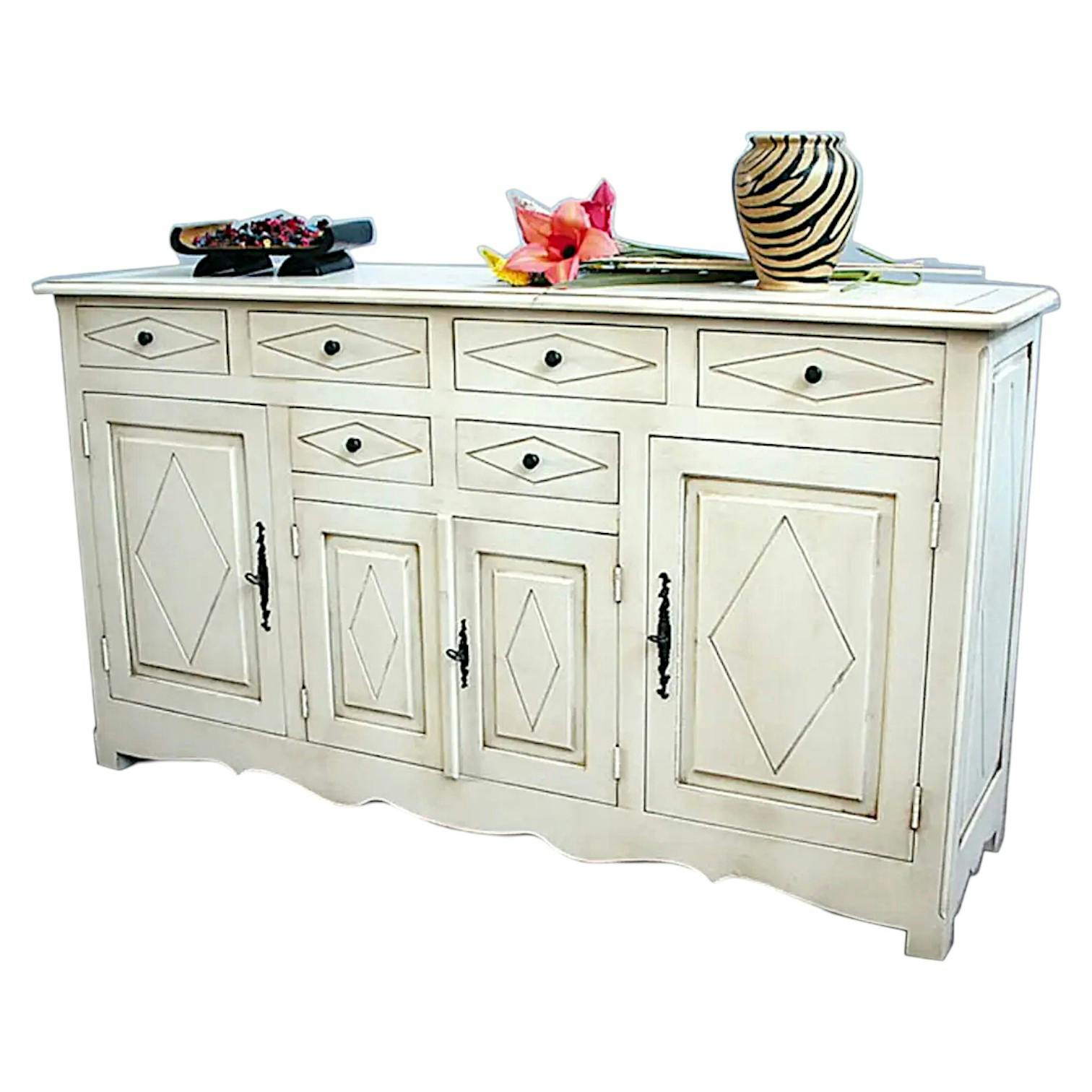 Buffet Enfilade Hévéa 4 portes, 6 tiroirs 170x48x95cm TRADITION