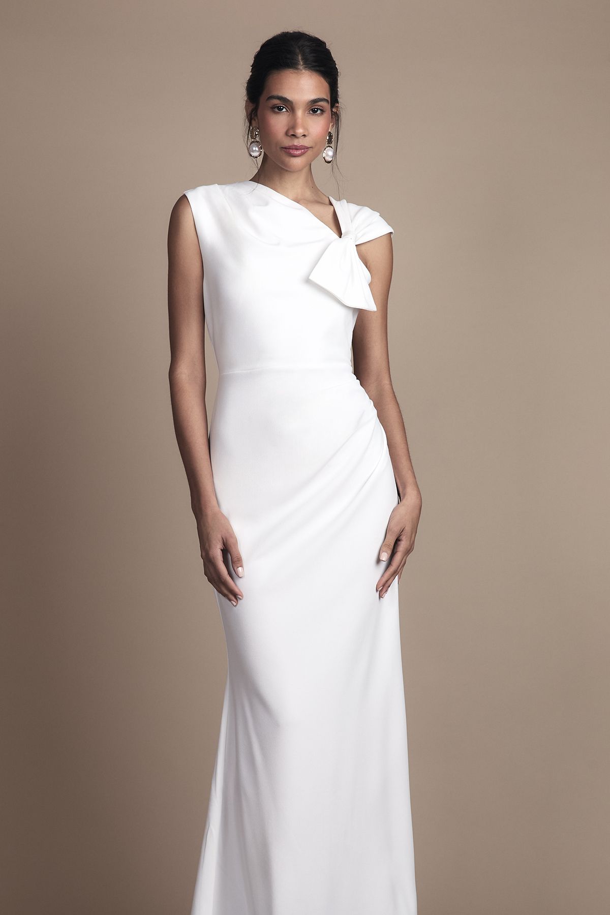 Coast Asymetric Neckline with Bow Detail Crepe Midi Wedding Dress