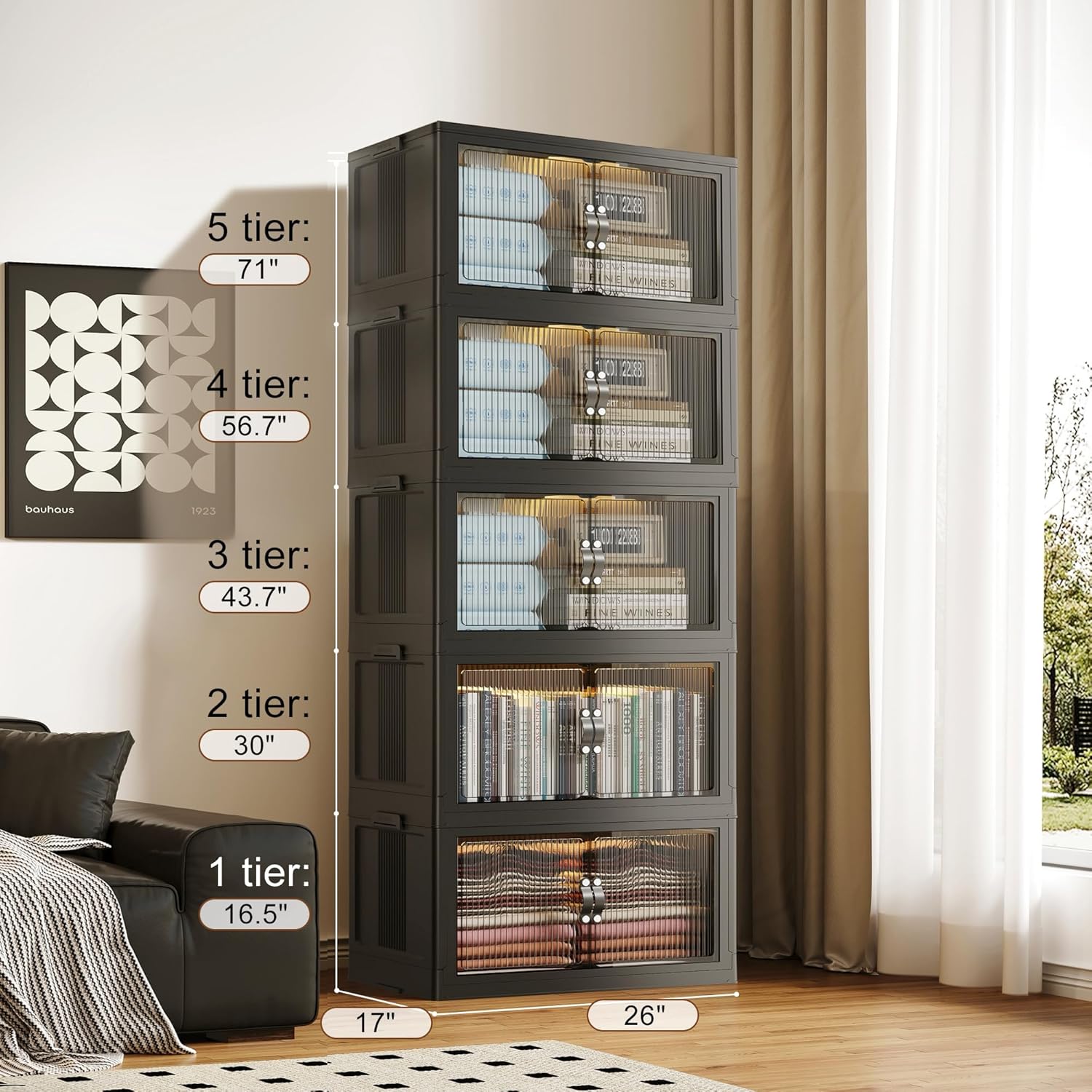 SAILUN 145Gal/580Qt Collapsible & Stackable Storage Bins with Door & a Lid,Perfect for Blanket Storage, Pillow Organizer, Bedroom Closet & Living Room, Black 26 W x 17 D x 71 H