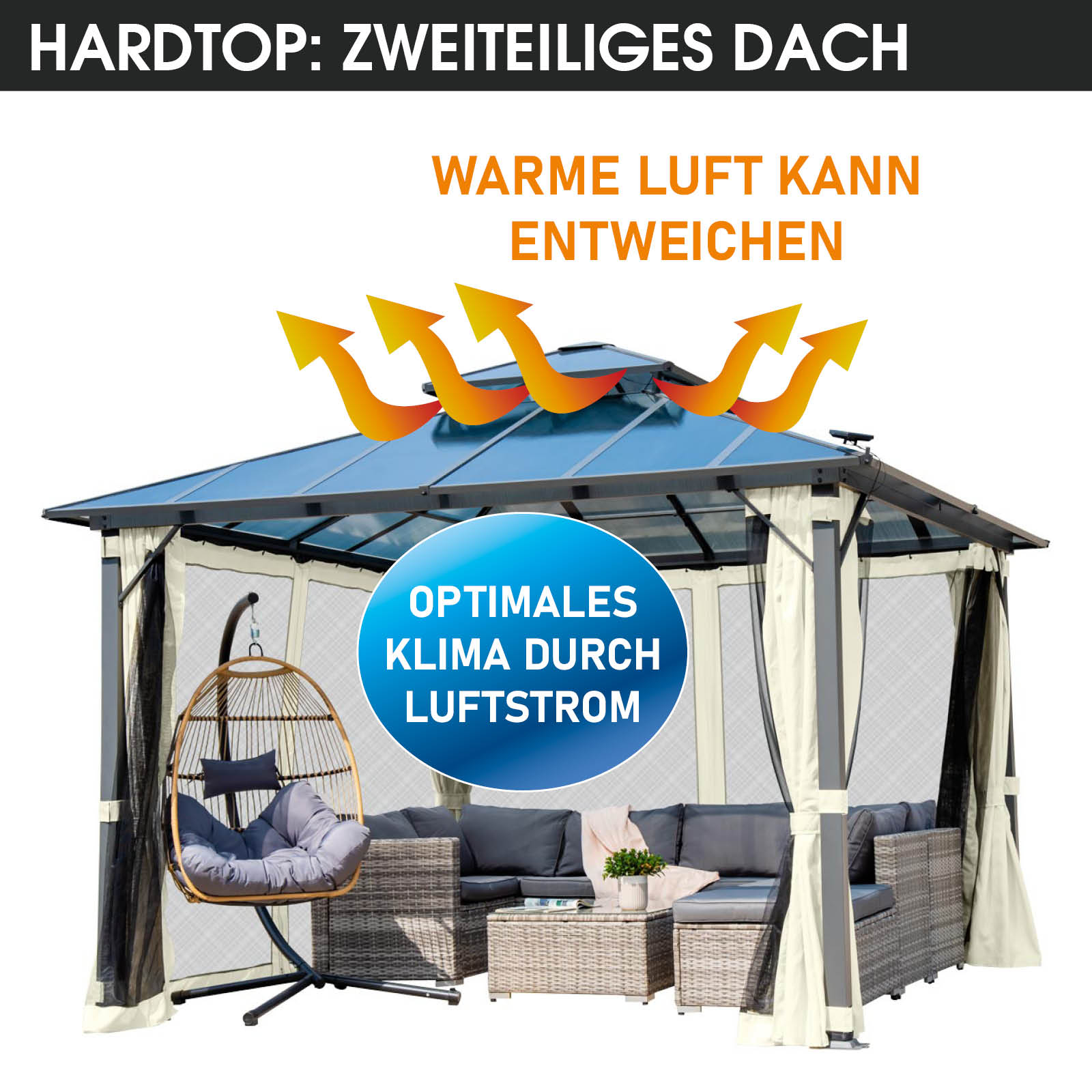 BRAST Alu Pavillon PAGODE 3,5x3,5m beige mit Moskitonetz & LED-Beleuchtung