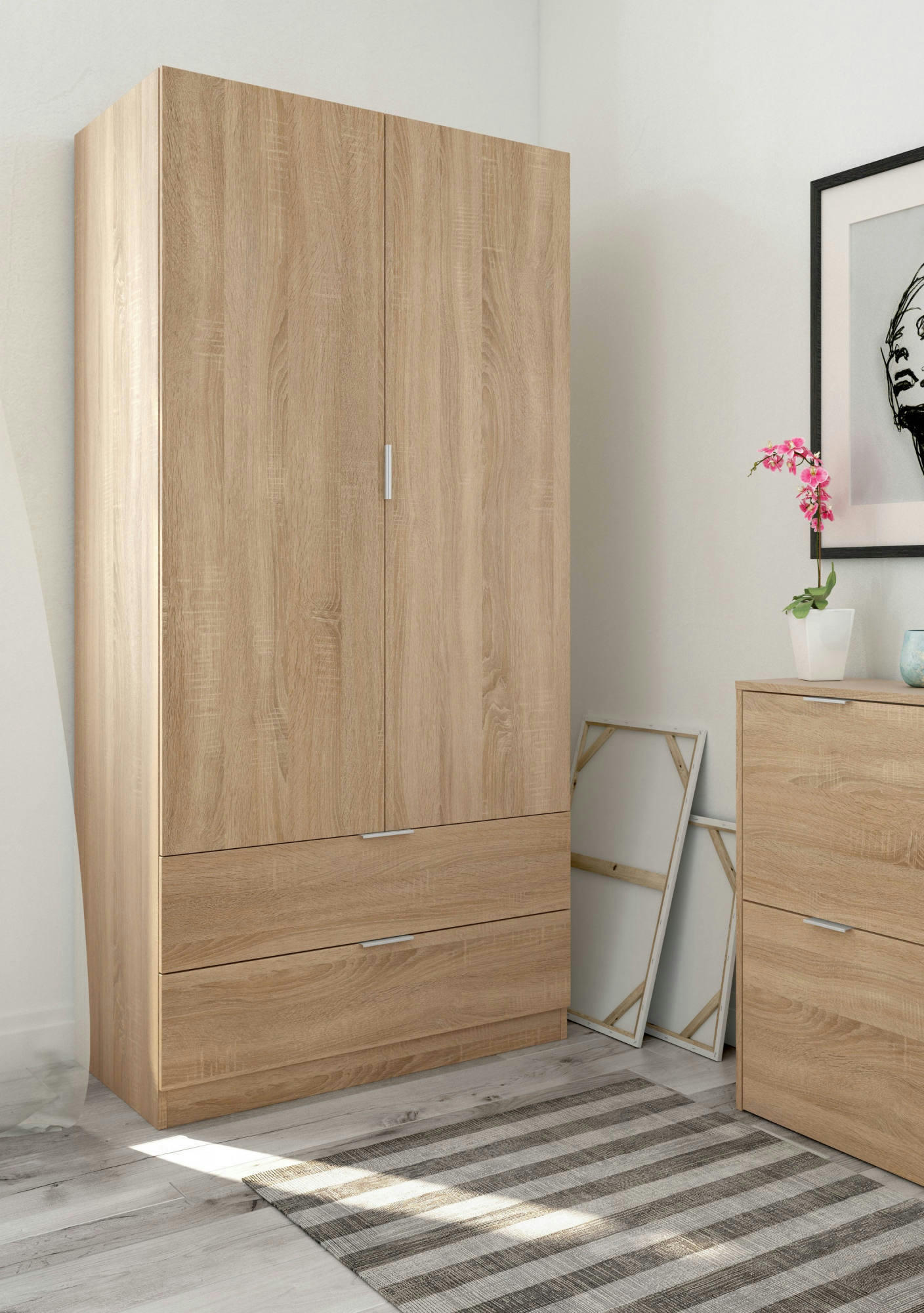 BURBANK - Garde-robe avec 2 portes et 2 tiroirs effet bois chêne