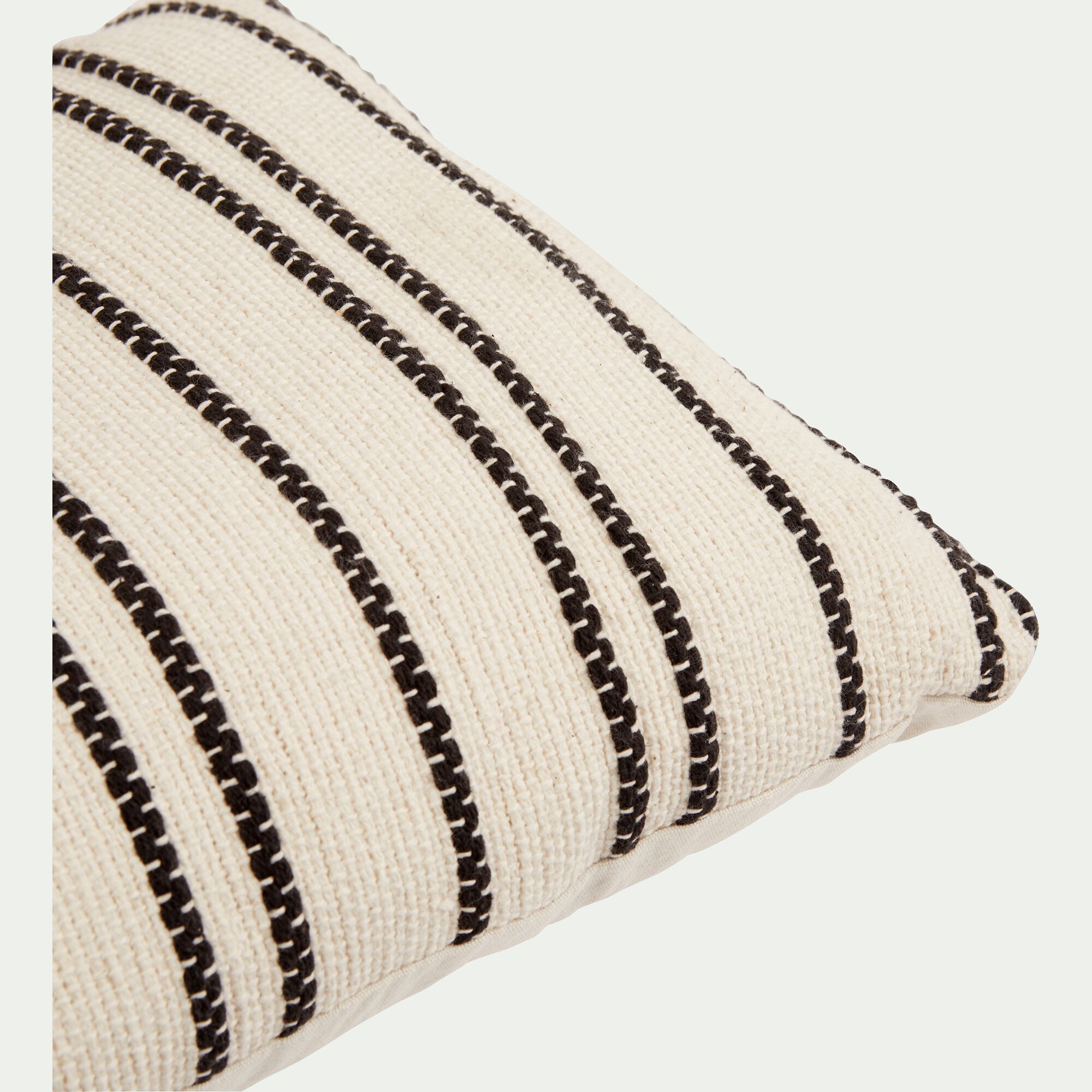 BADIANE - Coussin à rayures brodées en coton 30x50cm - noir et écru