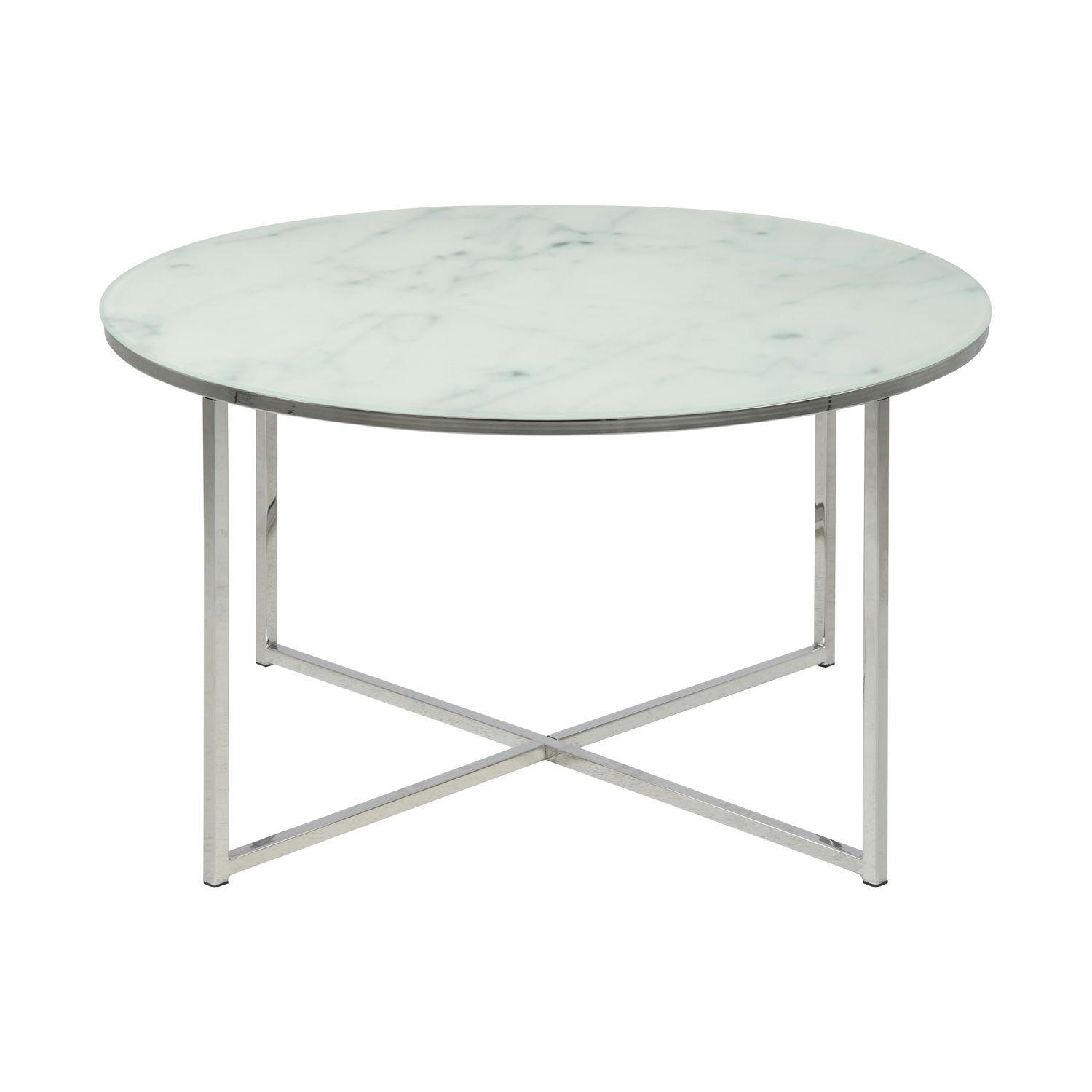 ALYSÉ  - Table basse ronde effet marbre en verre et métal blanc