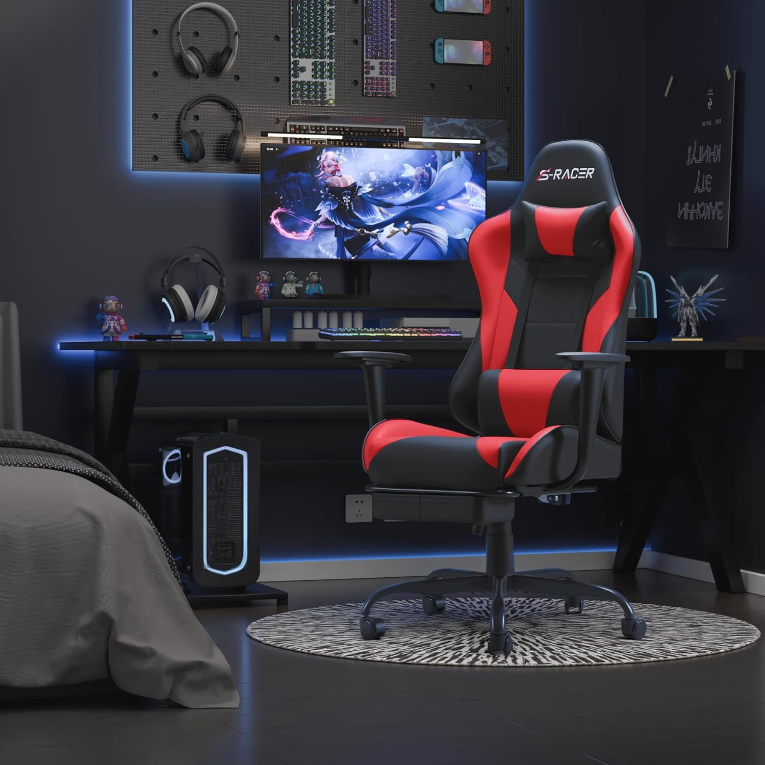 Homall Gaming Chairs, Computer Chair with Footrest and Massage Lumbar Support, Height Adjustable Game Chair with Headrest and Swivel Seat (Red)