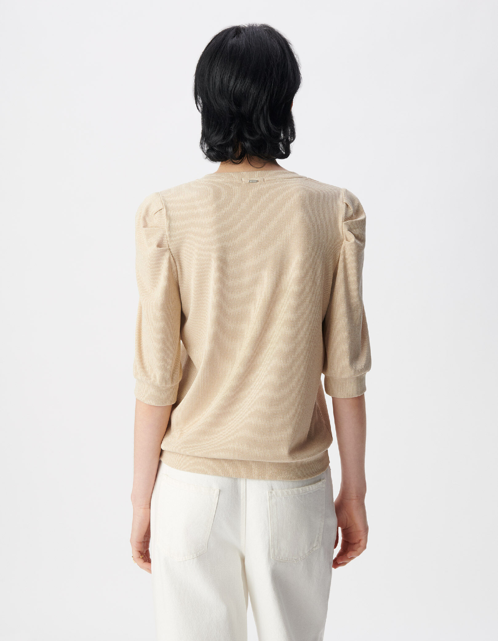Tee-shirt col V argenté maille côtelée à épaulettes Femme