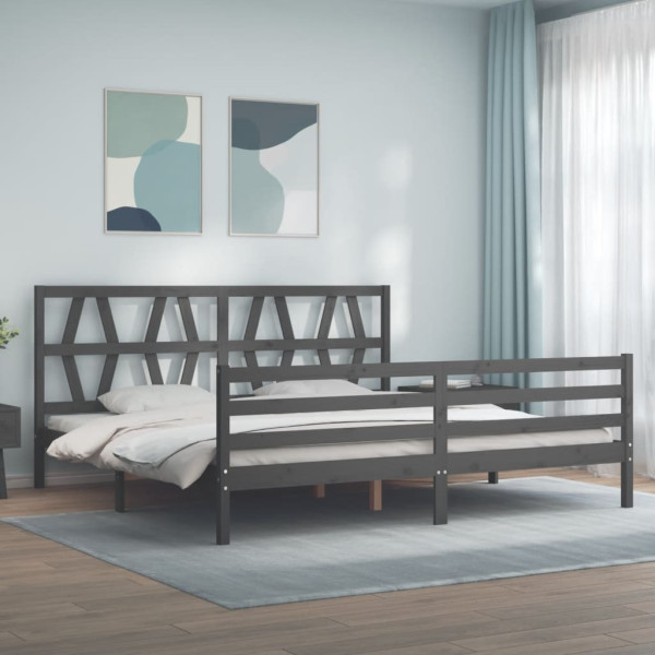 Rama łóżka z wezgłowiem szara 200x200 cm lite drewno