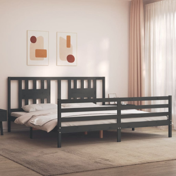 Rama łóżka z wezgłowiem szara 200x200 cm lite drewno