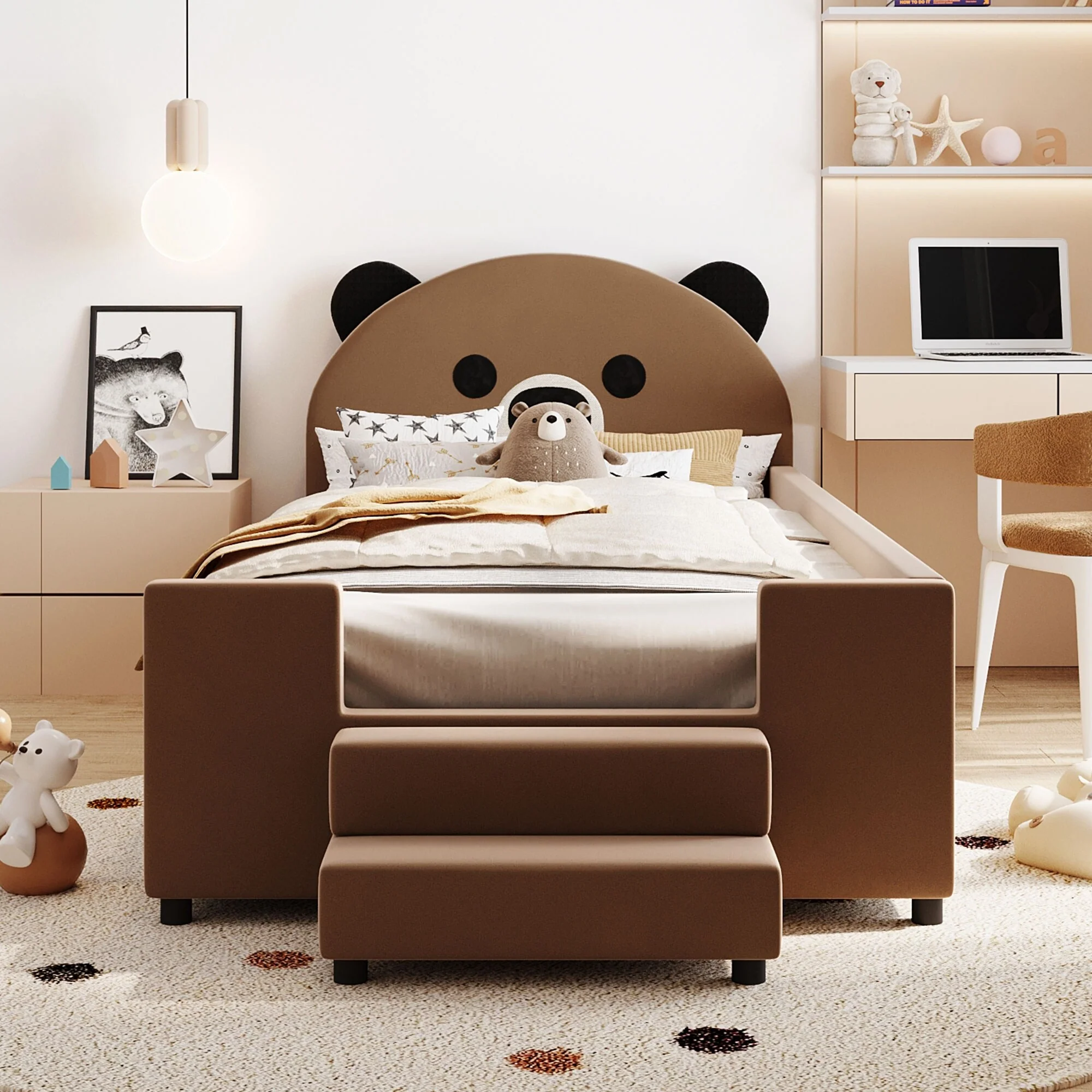 Modern Twin Upholstered Daybed with Fun Bear Design and Underbed Storage