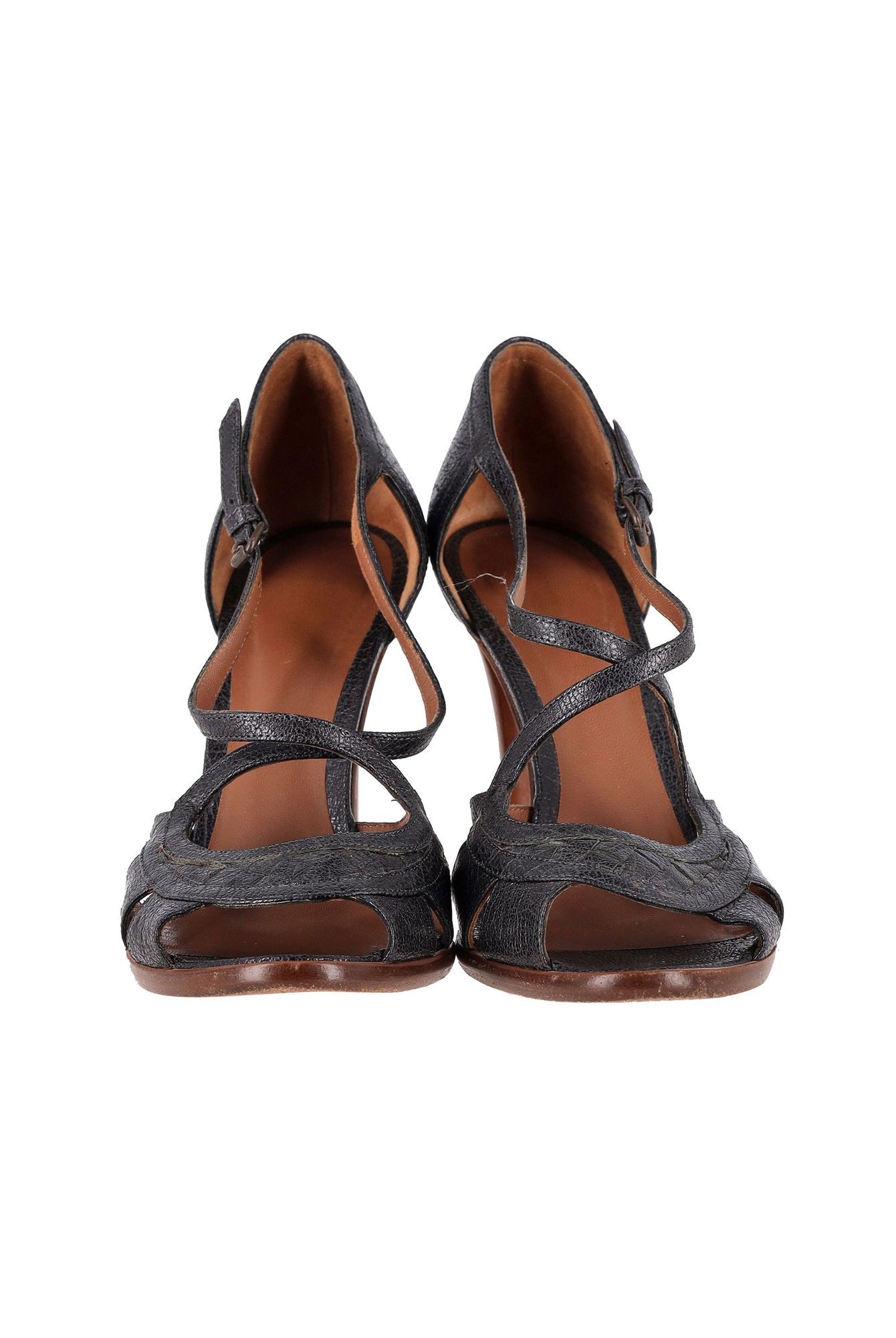 Bottega Veneta Preloved Peep-Toe Strappy Sandals in Black Leather